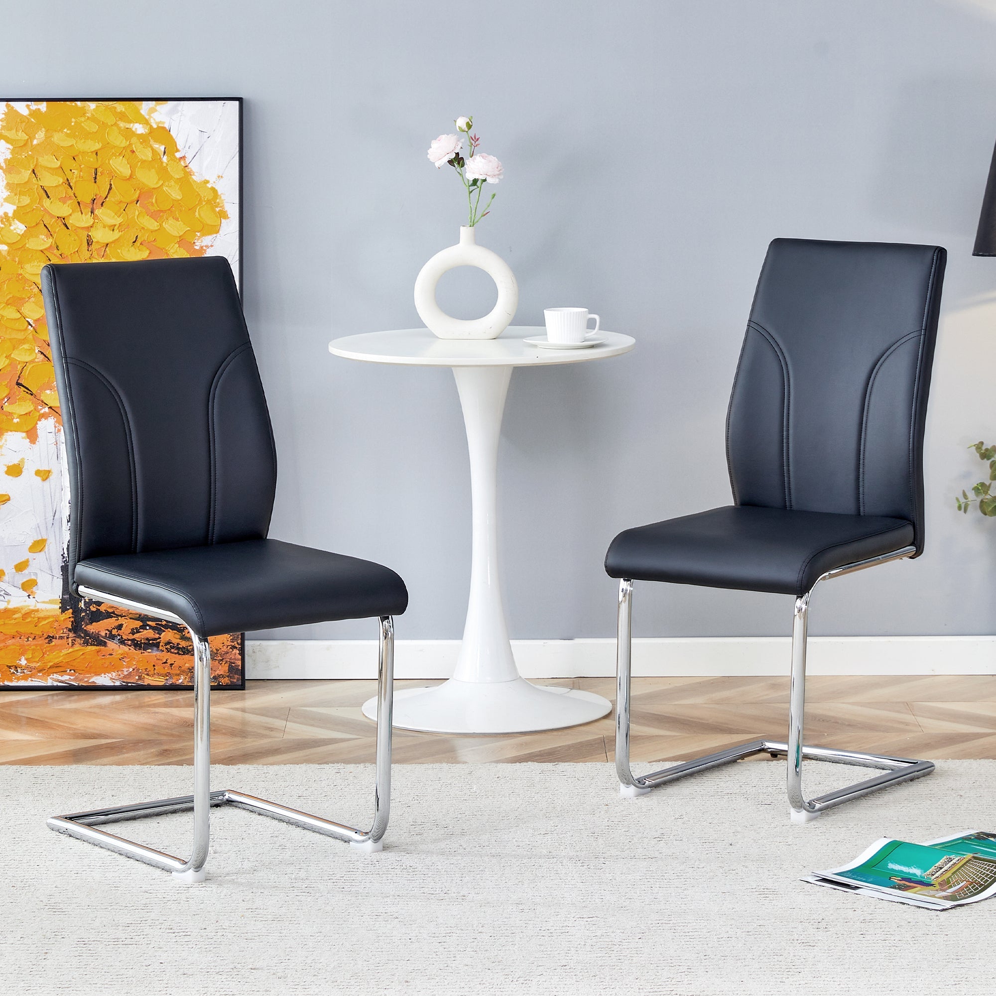 Logidon eetkamerstoelen zwart PU kunstleer set van 2 met zilverkleurig frame