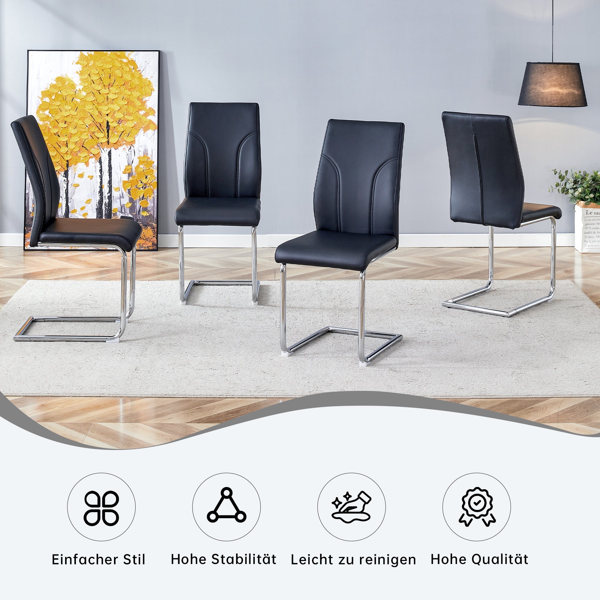 Logidon eetkamerstoelen zwart PU kunstleer set van 2 met zilverkleurig frame