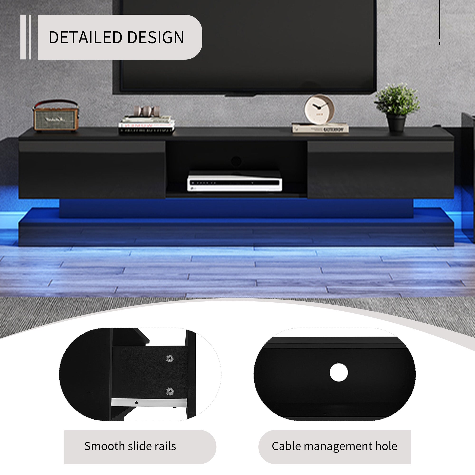 Logidon Zwart Hoogglans TV-meubel 160 CM Met LED 2 Laden
