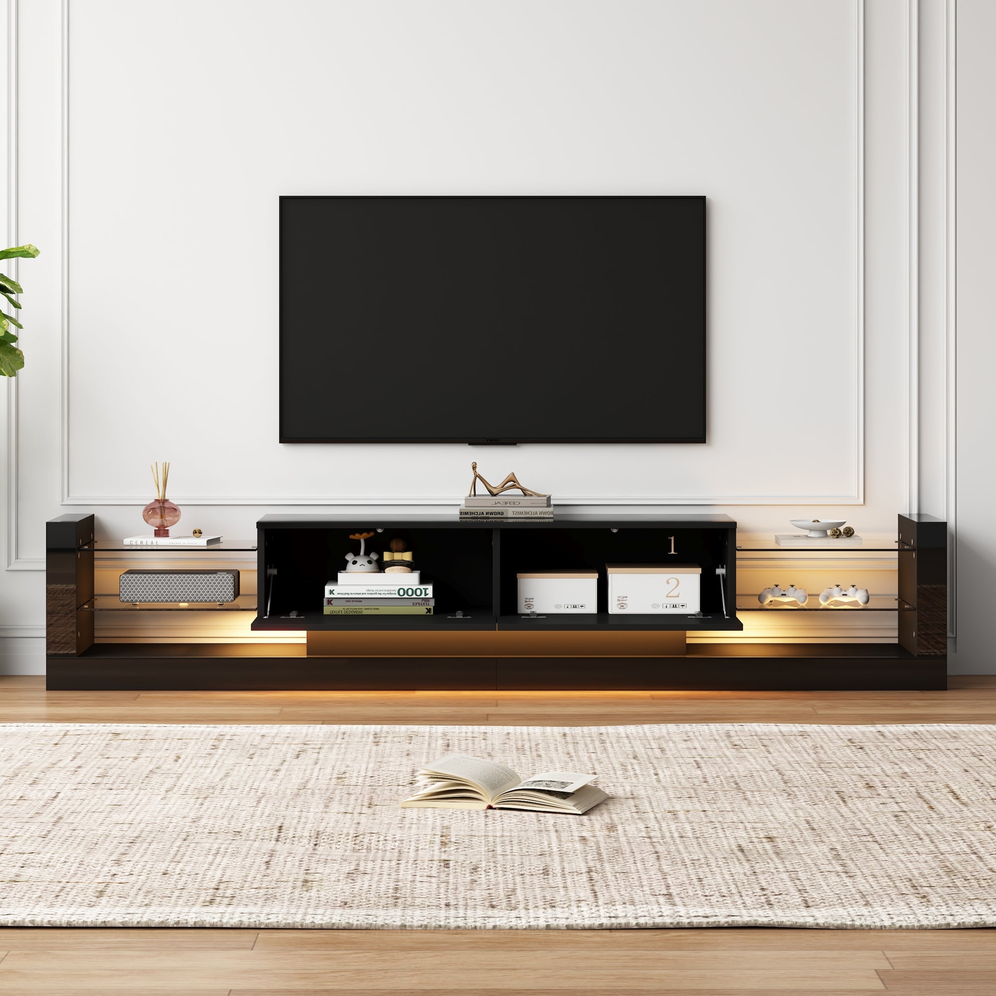Logidon high-gloss TV cabinet 181 cm LED lighting black glass front