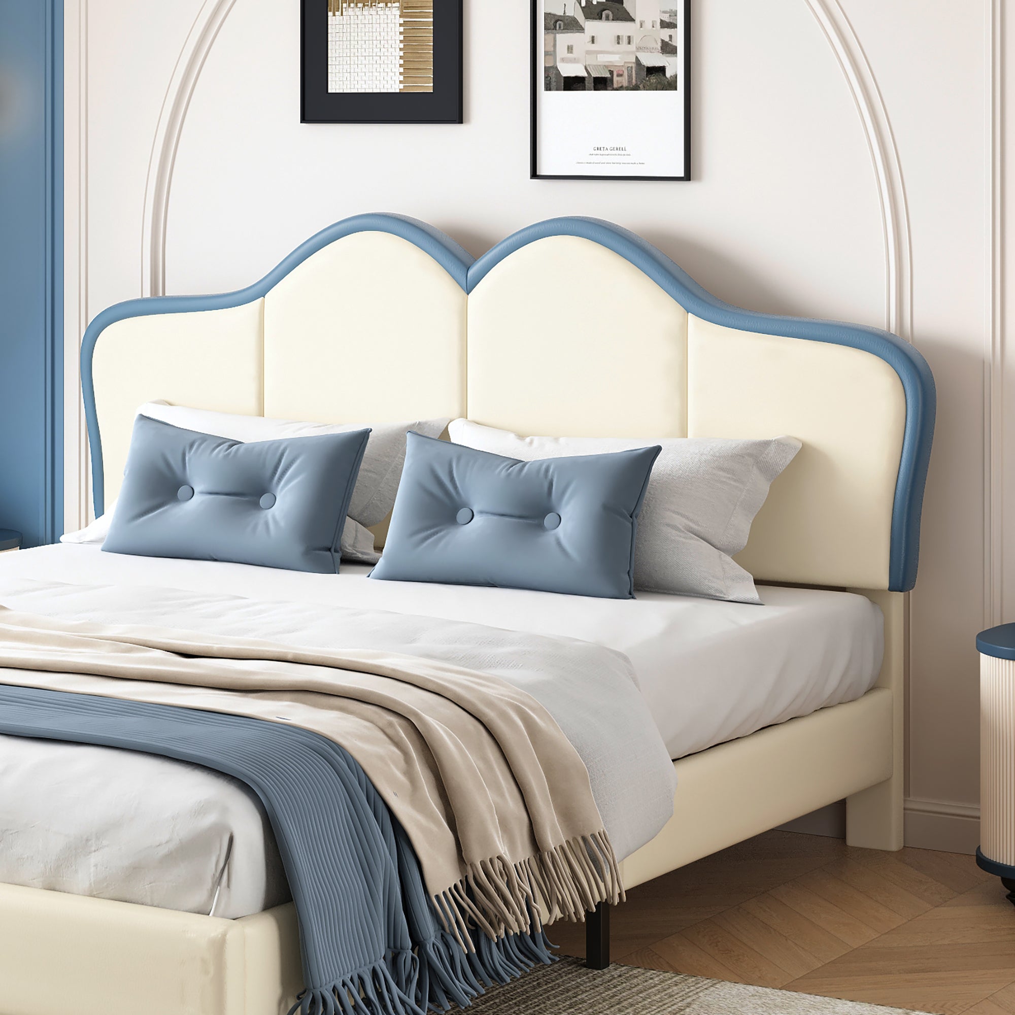 Logidon gestoffeerd bed 140x200 wit blauw met zachte beschermranden