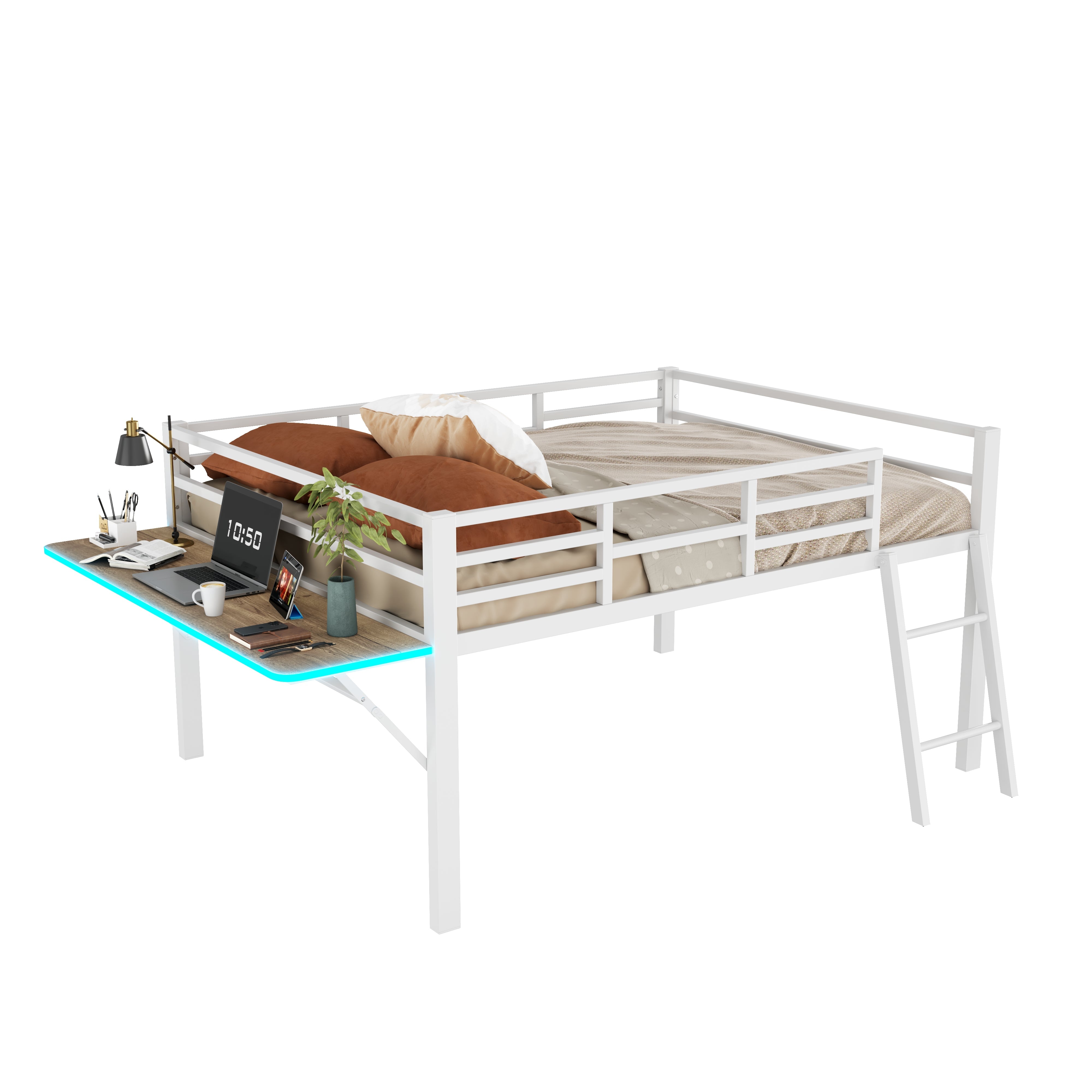 Logidon vlakbed metalen bed 140x200 witte reling LED-lichtstrip