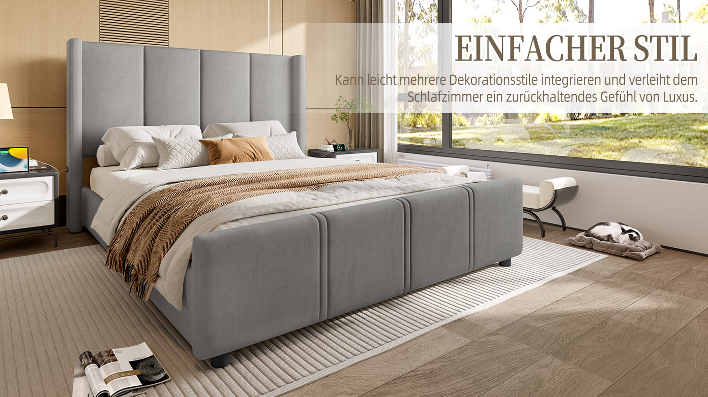 Logidon gestoffeerd bed 160x200 fluweelgrijs met USB-poort