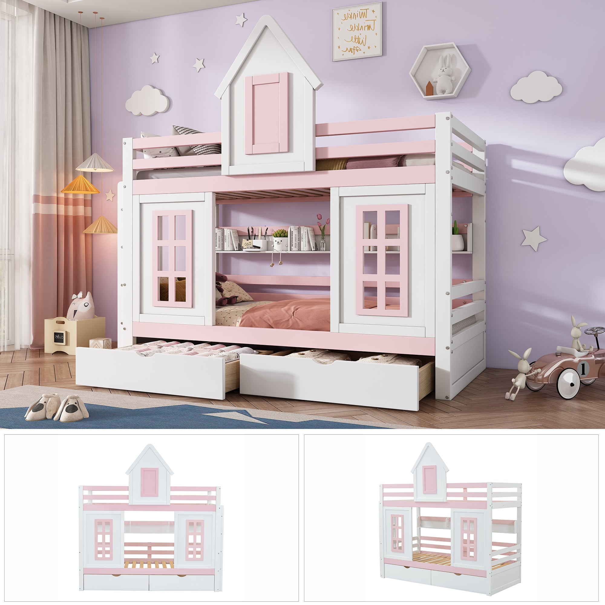Logidon stapelbed prinsessenbed 90x200 wit roze