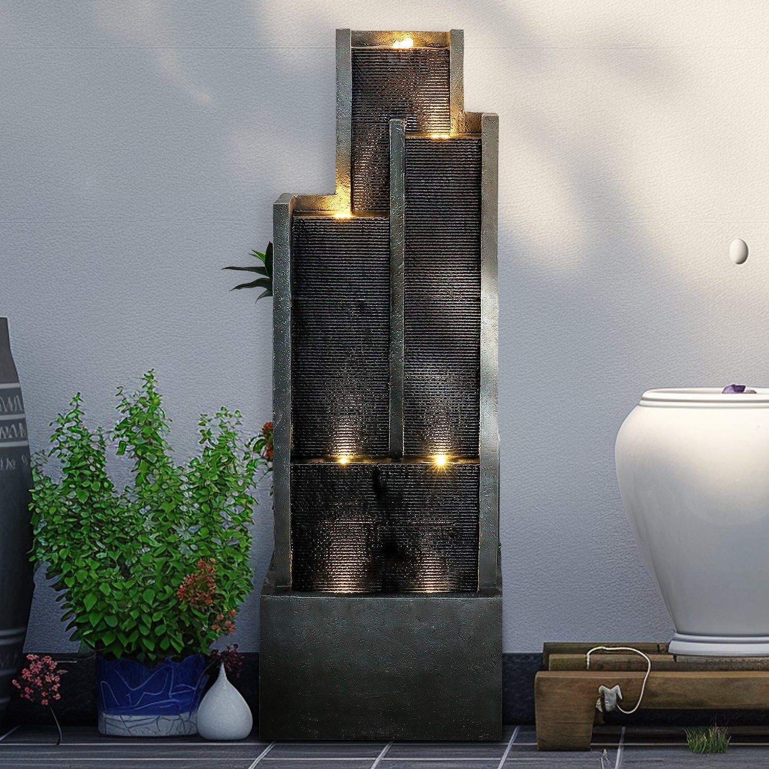 Logidon 128 cm moderne waterfontein gemaakt van polyresin zwarte LED