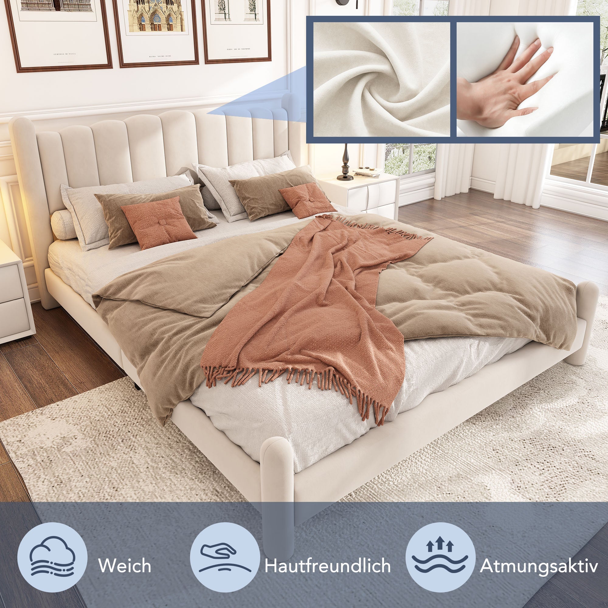Logidon gestoffeerd bed 160x200 beige fluweel waaierhoofdeinde lattenbodem