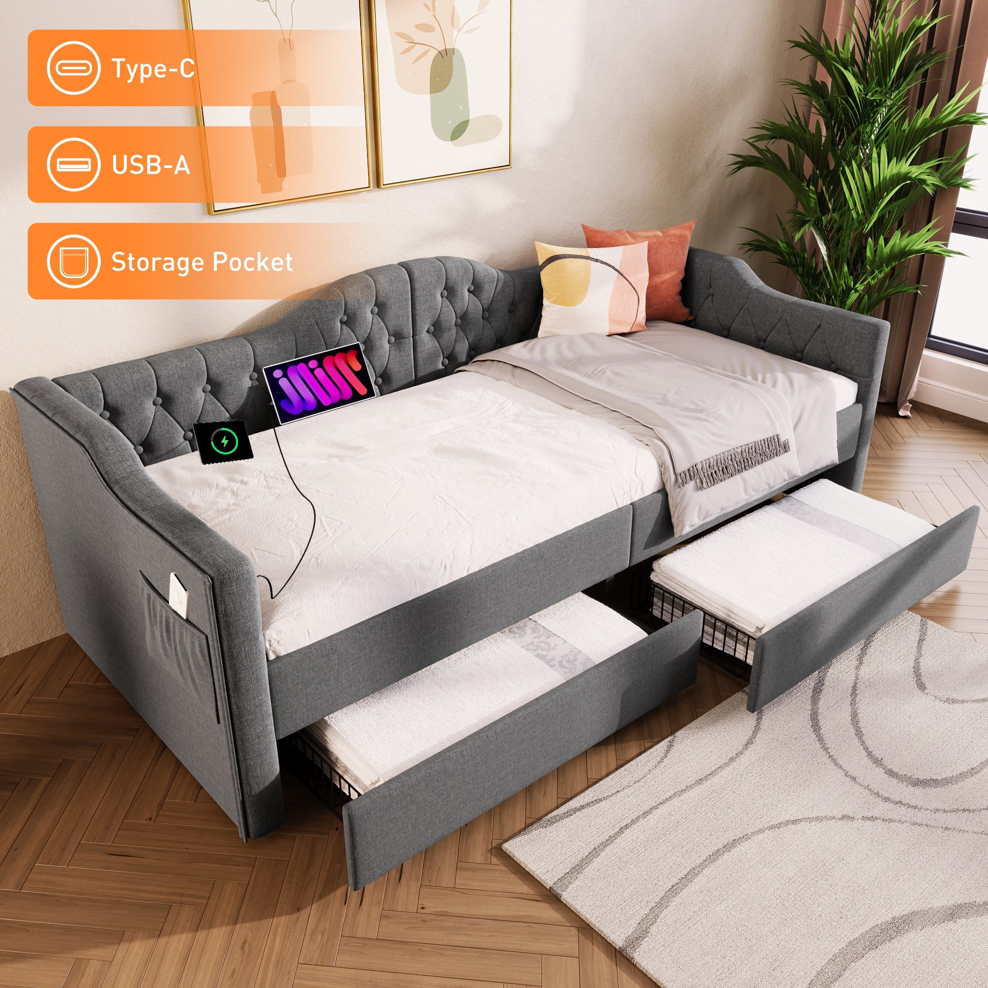 Logidon upholstered daybed 90x200 gray USB-C charging function 2 drawers