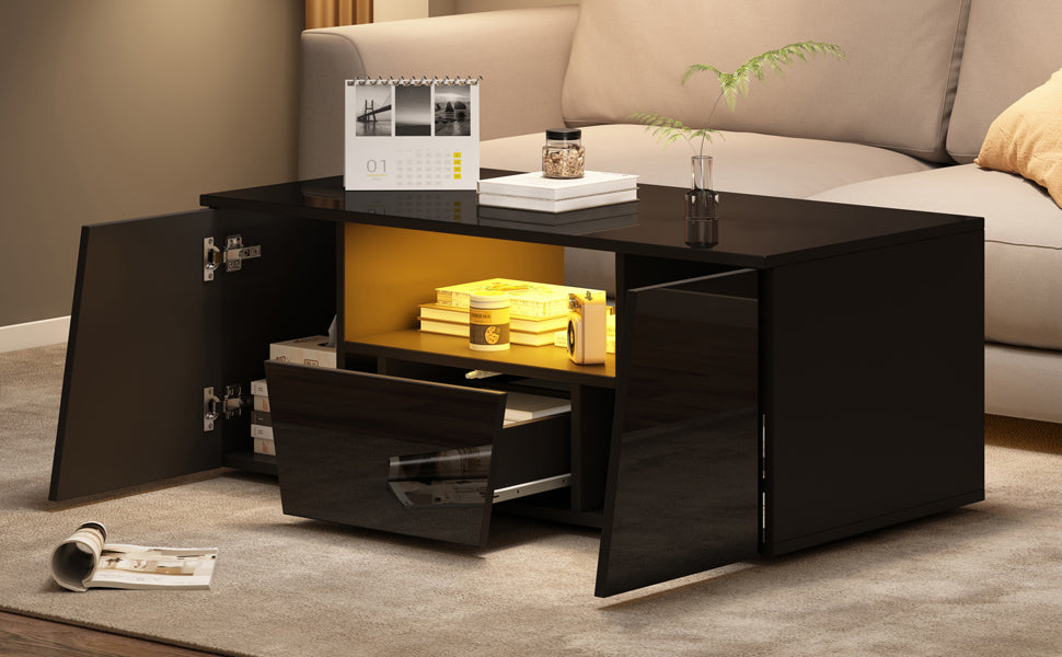 Logidon coffee table 100x50x40 cm black with LED 2 cabinets 1 drawer