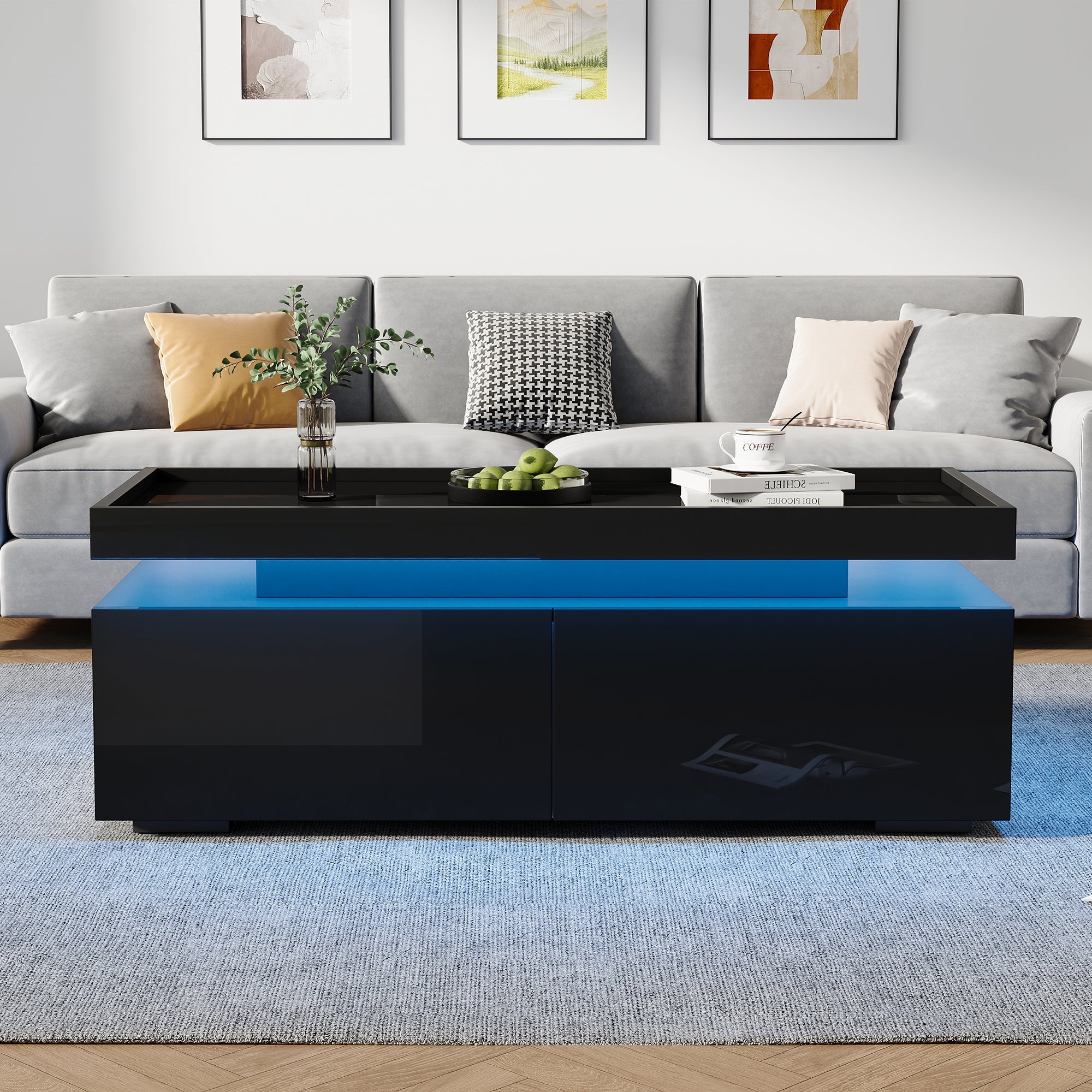 Logidon hoogglans salontafel 95x45x35 cm met LED verlichting zwart
