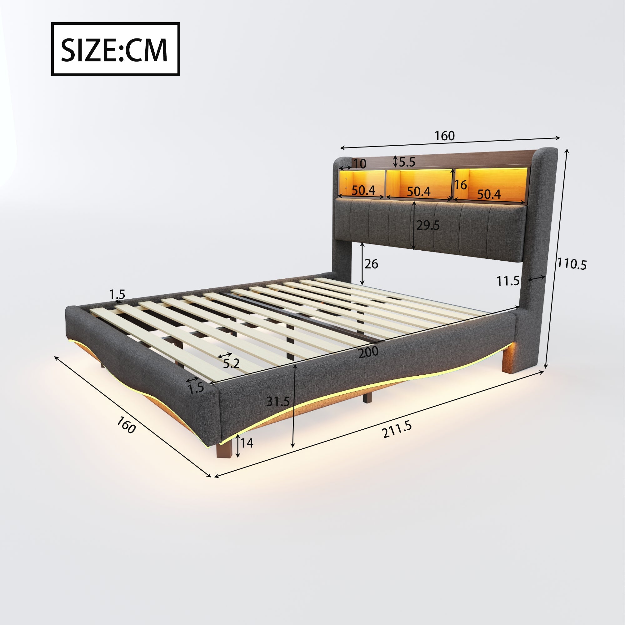 Logidon hangend gestoffeerd bed 160x200 grijs met LED-licht USB TypeC