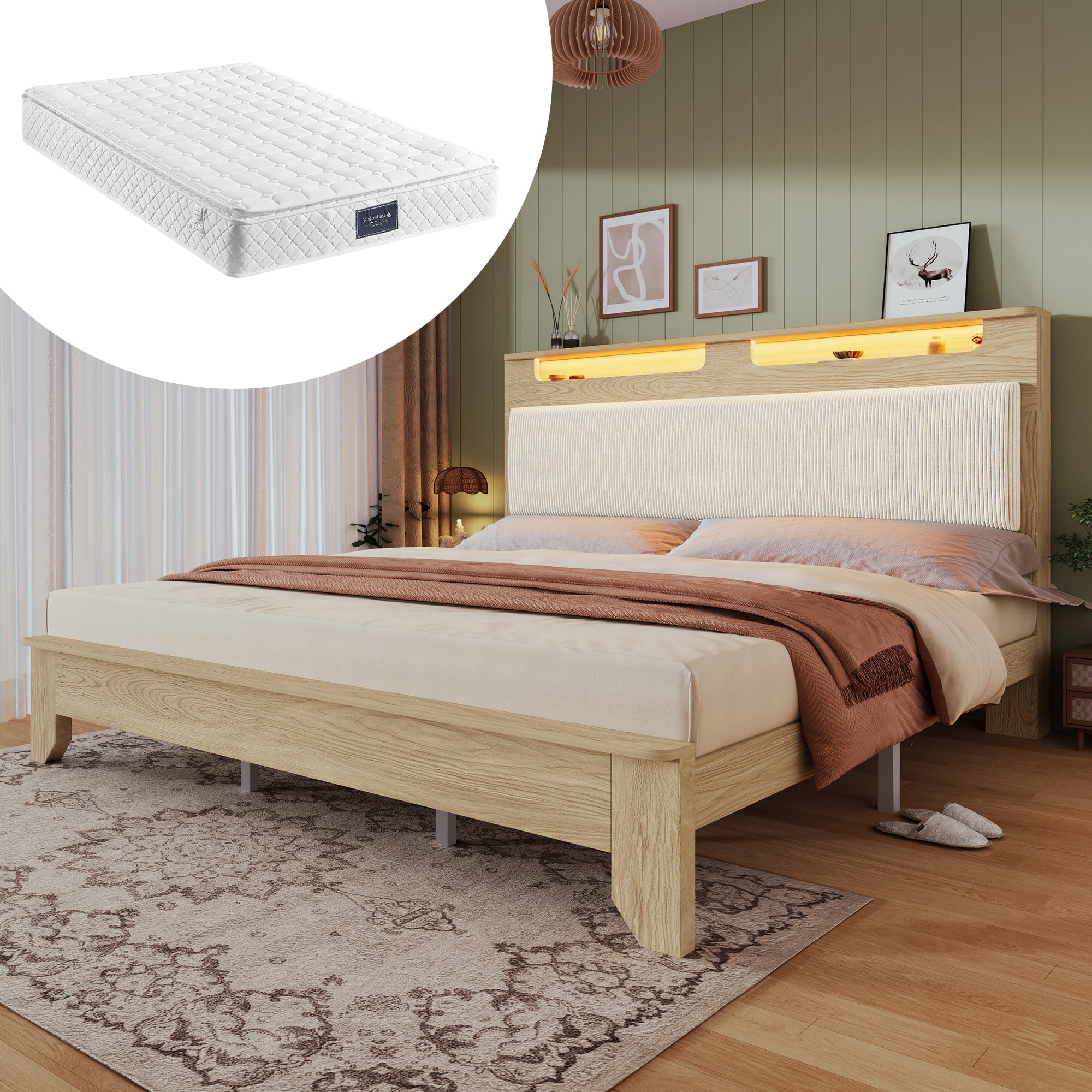 Logidon tweepersoonsbed 160x200 cm met opbergruimte en LED-verlichting beige