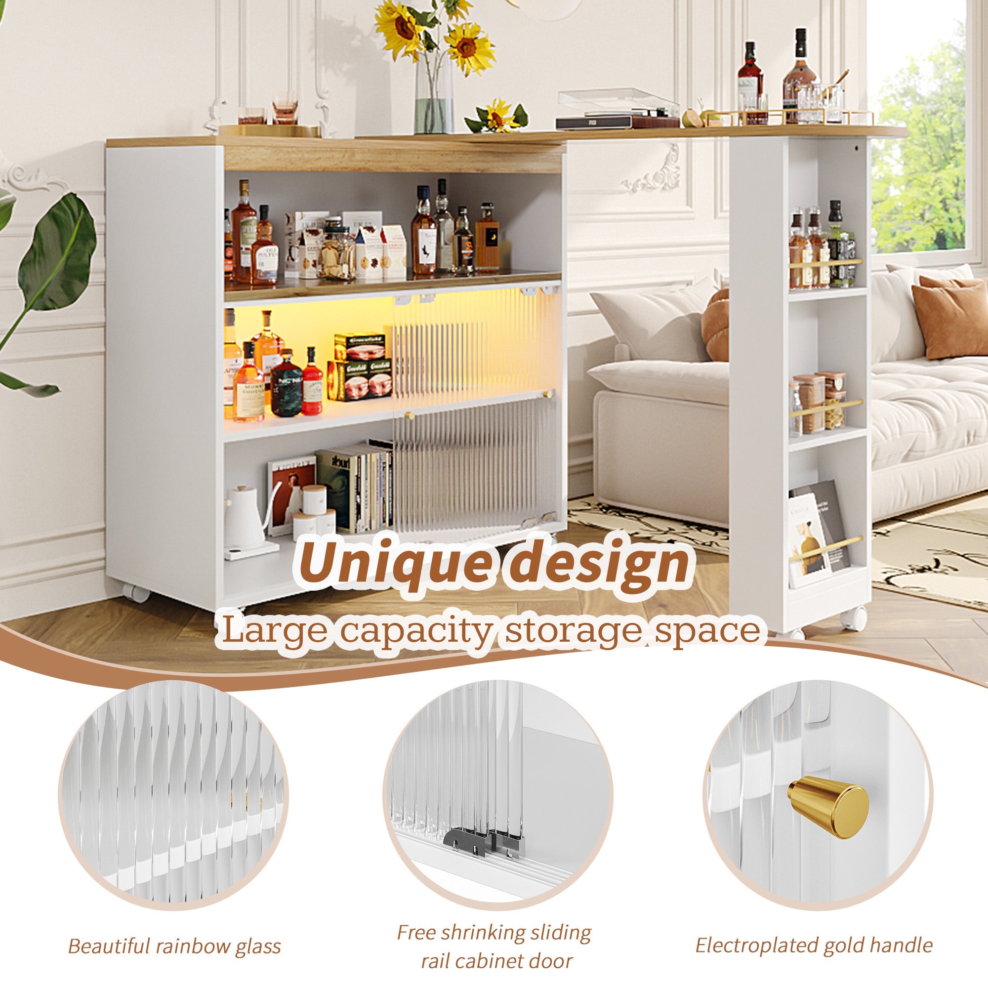 Logidon Uitschuifbare bartafel met opbergruimte LED Wit 138-204 cm