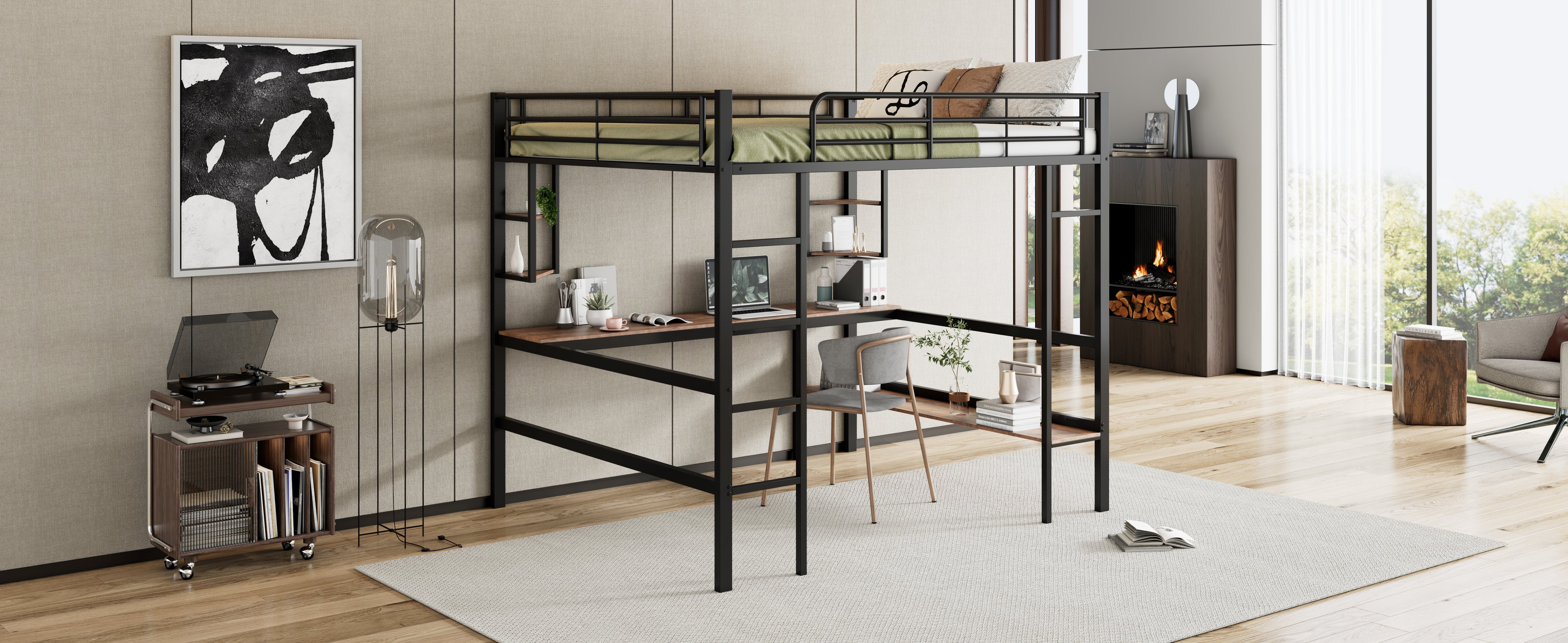 Logidon loft bed 140x200 black with desk and shelves