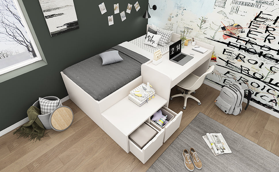 Logidon kinderbed 90x200 massief hout wit met bureau en opbergruimte