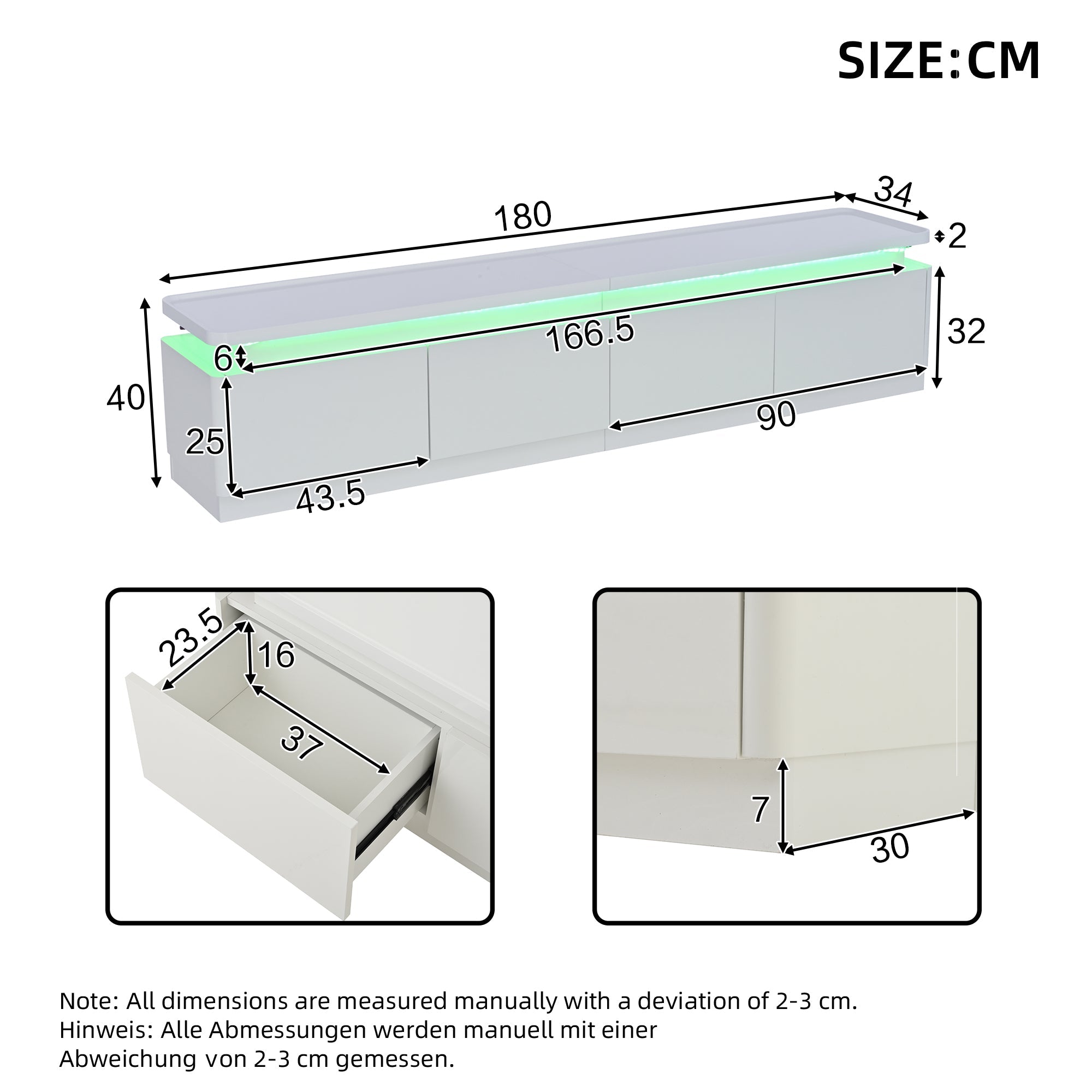 Logidon TV-meubel wit 180x34x40 cm met LED-verlichting 4 lades