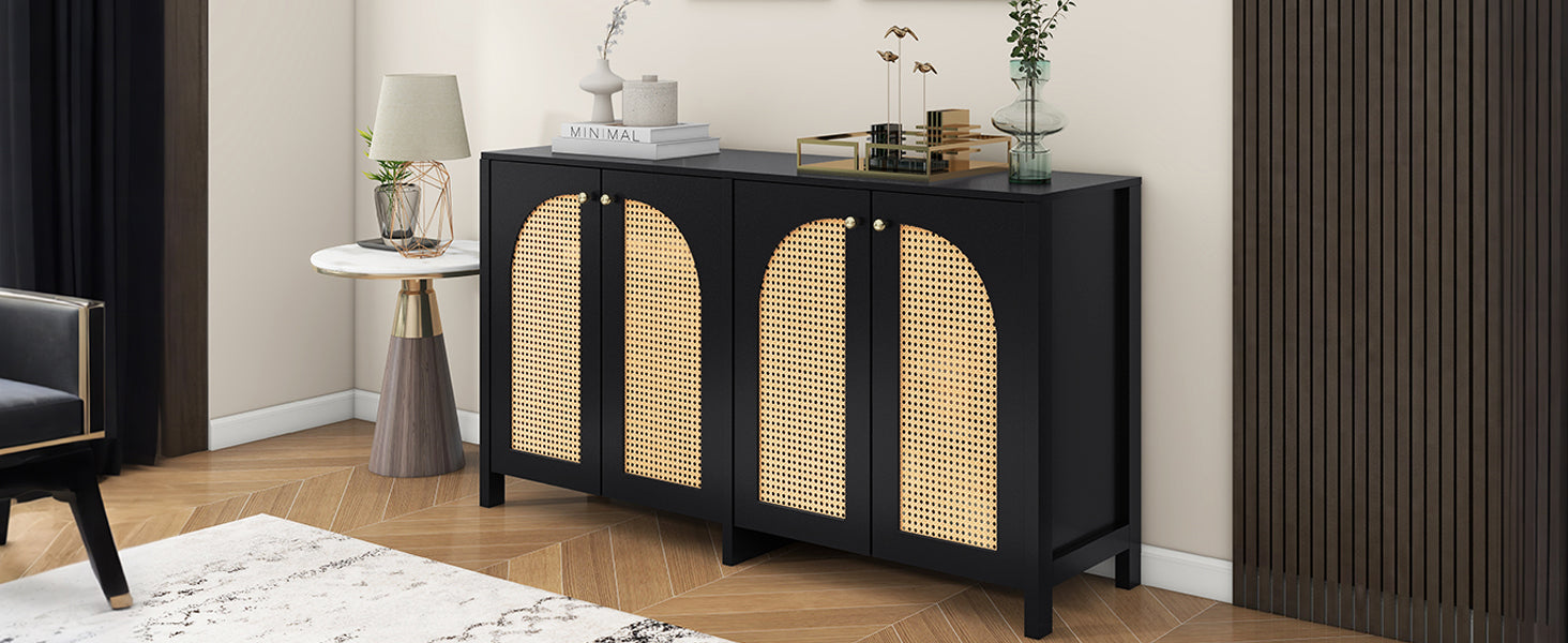 Logidon Dressoir Zwart Met Rotan Deuren Modern Buffet 145x40x80