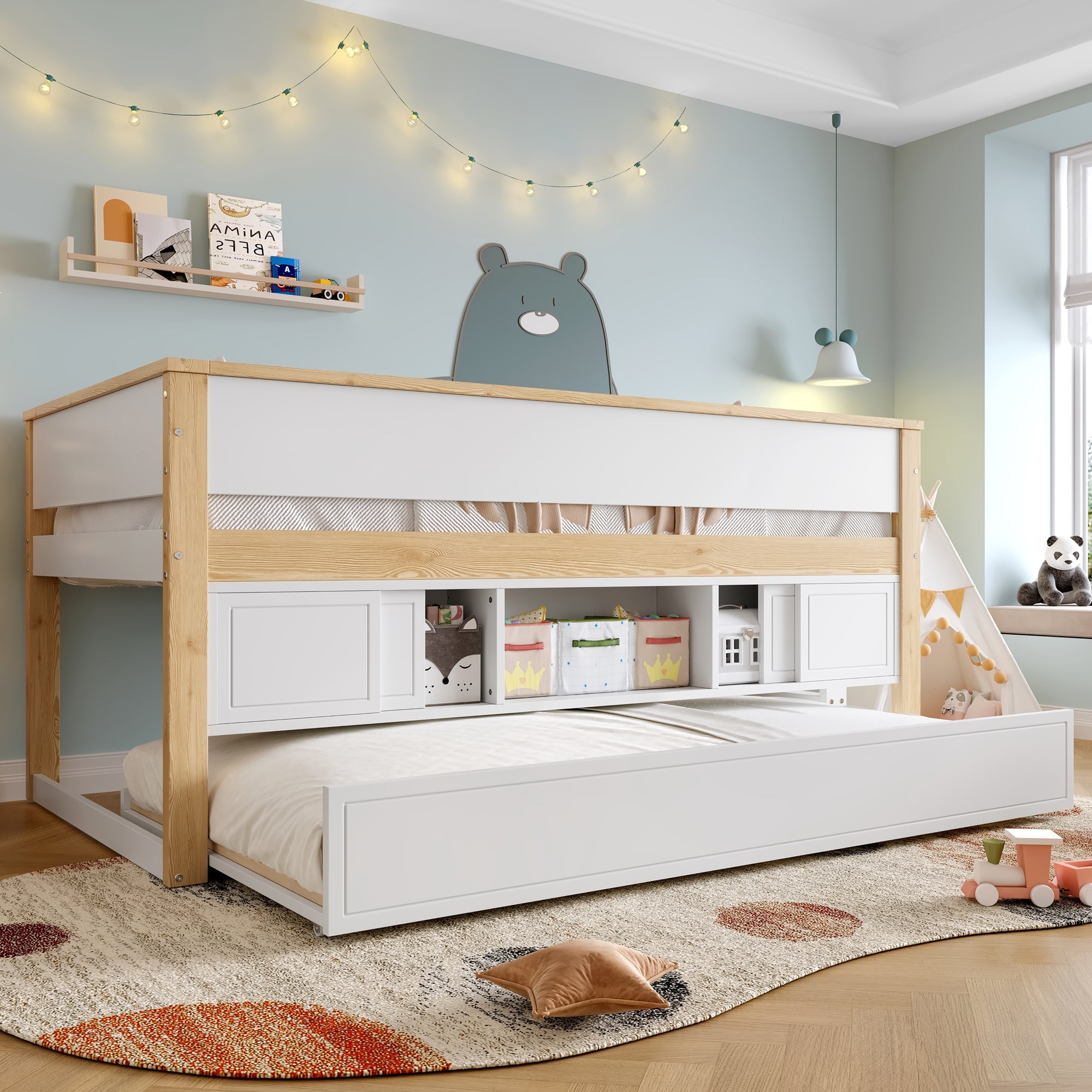 Logidon halfhoogsbed 90x200 wit naturel met onderschuifbed en opbergruimte