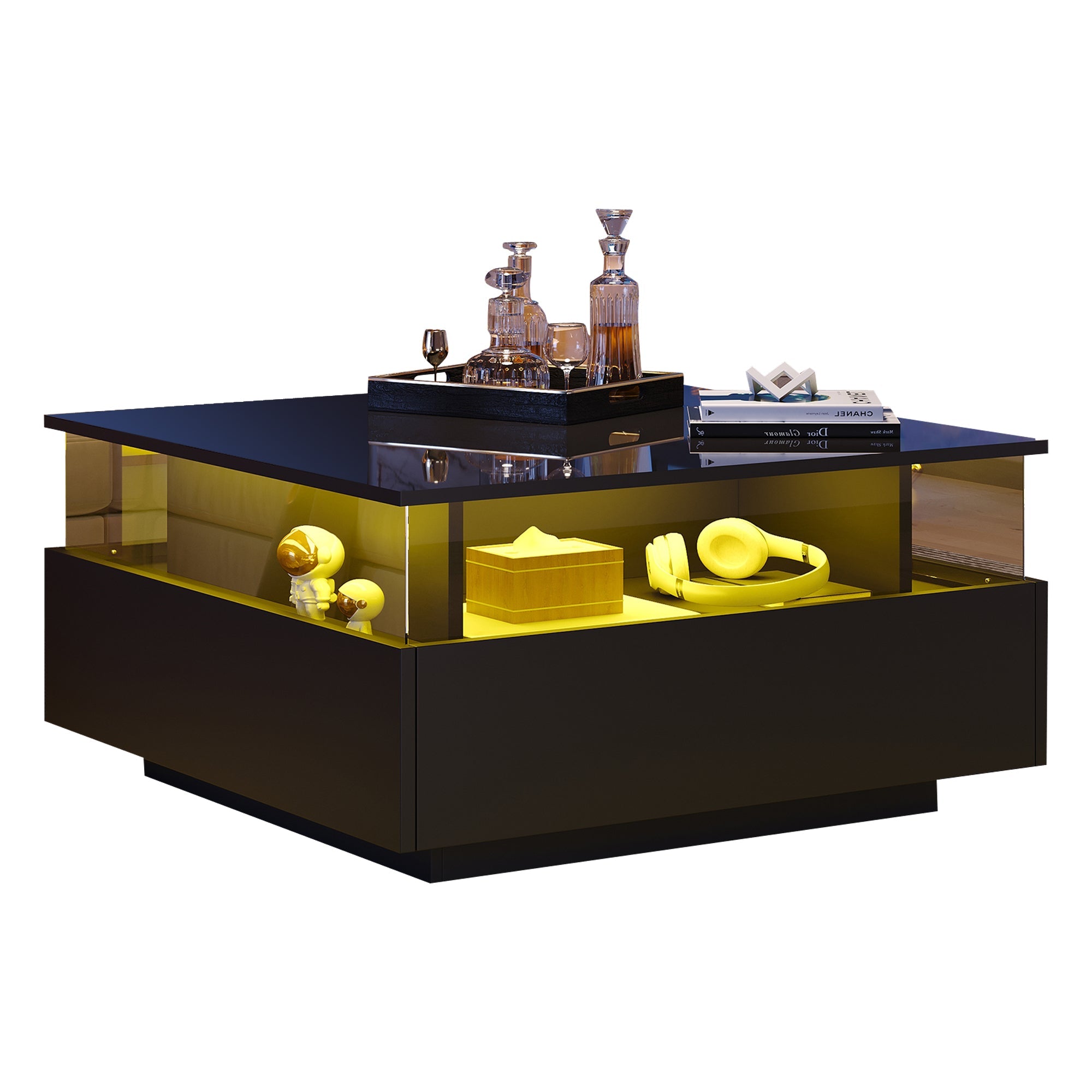 Logidon hoogglans LED salontafel 90x55x45 cm zwart 2 lades