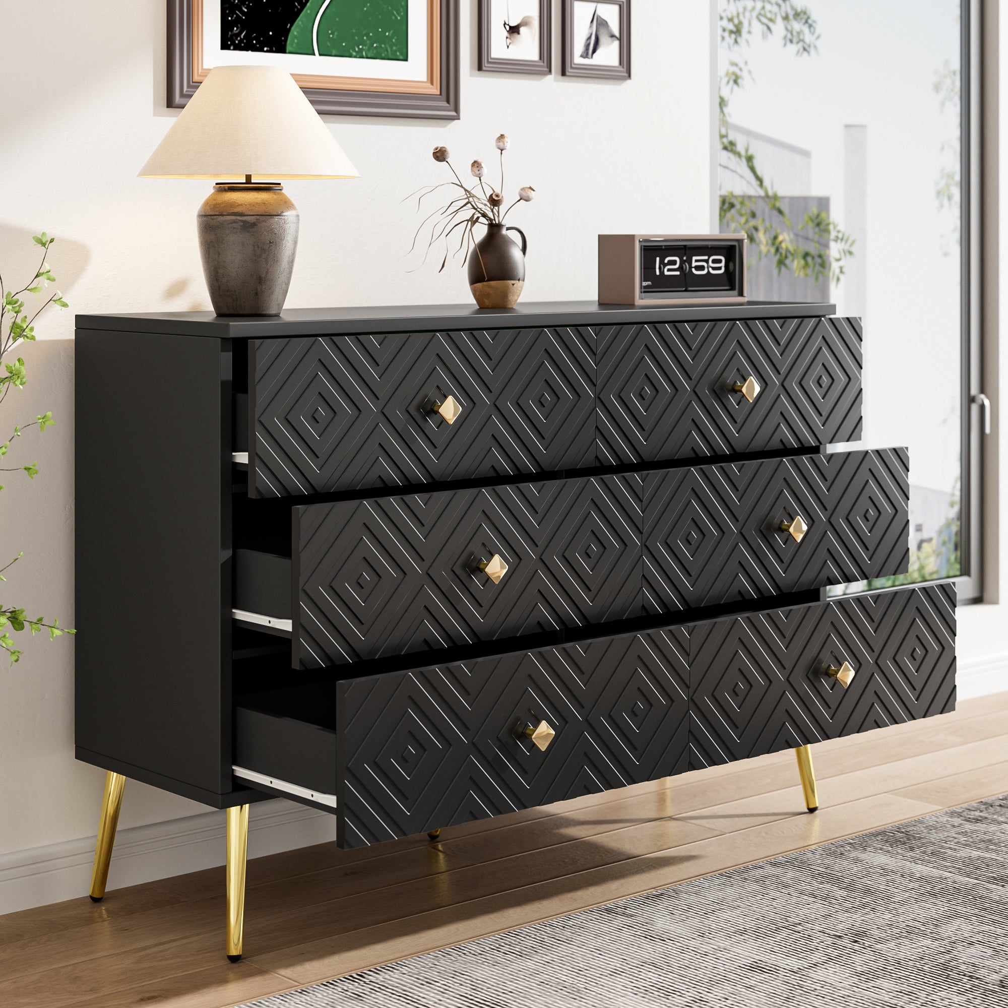 Logidon Ladekast 6 lades zwart goud moderne stijl 120x40x80 cm