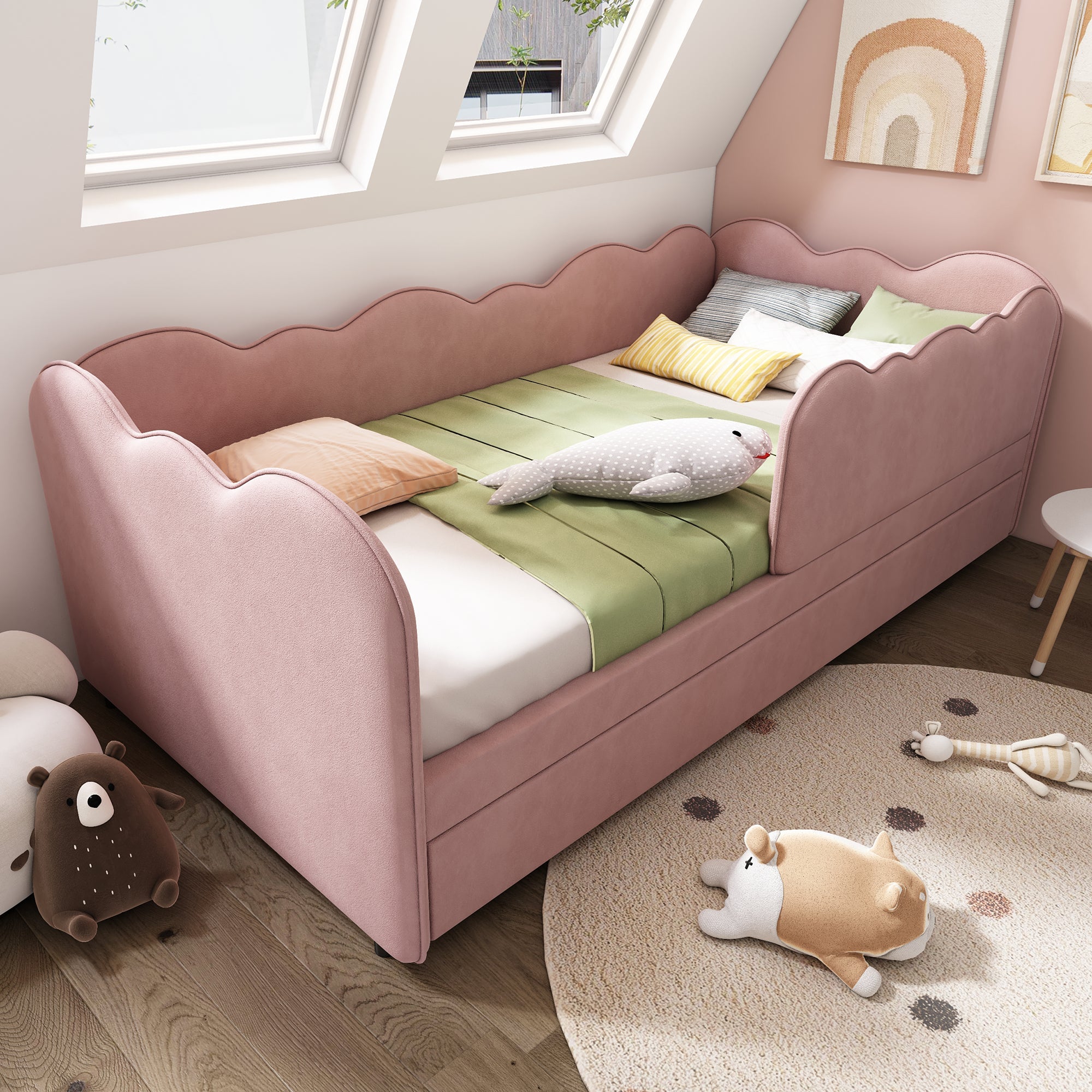 Logidon gestoffeerd dagbed 90x190 roze met uitschuifbaar bed