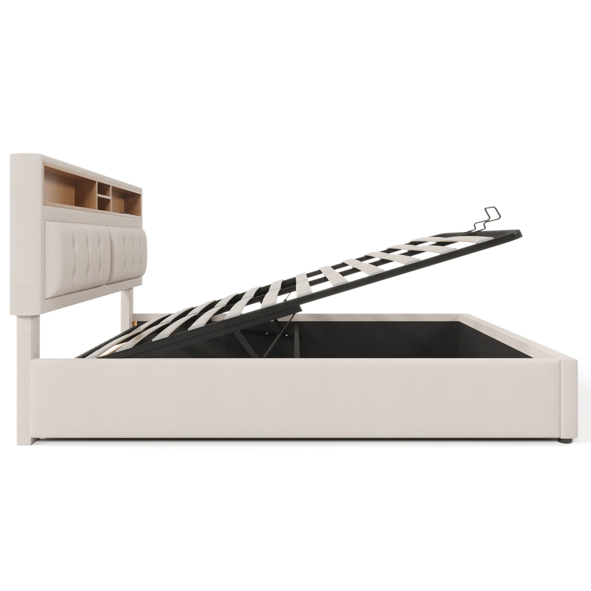 Logidon gestoffeerd bed 160x200 beige hoofdbord USB C oplaadfunctie opbergruimte