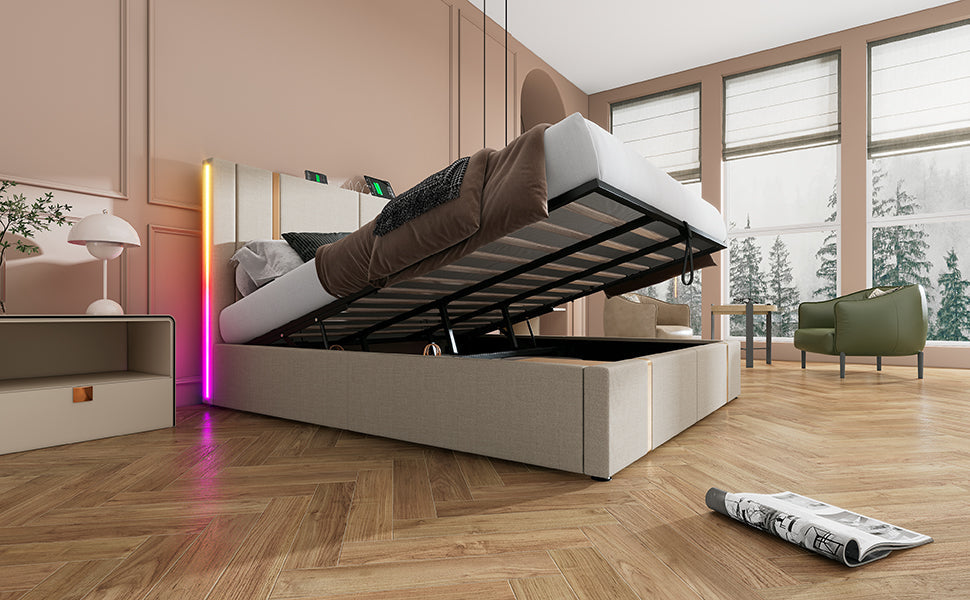 Logidon upholstered bed double bed 180x200 USB-C charging function beige storage space