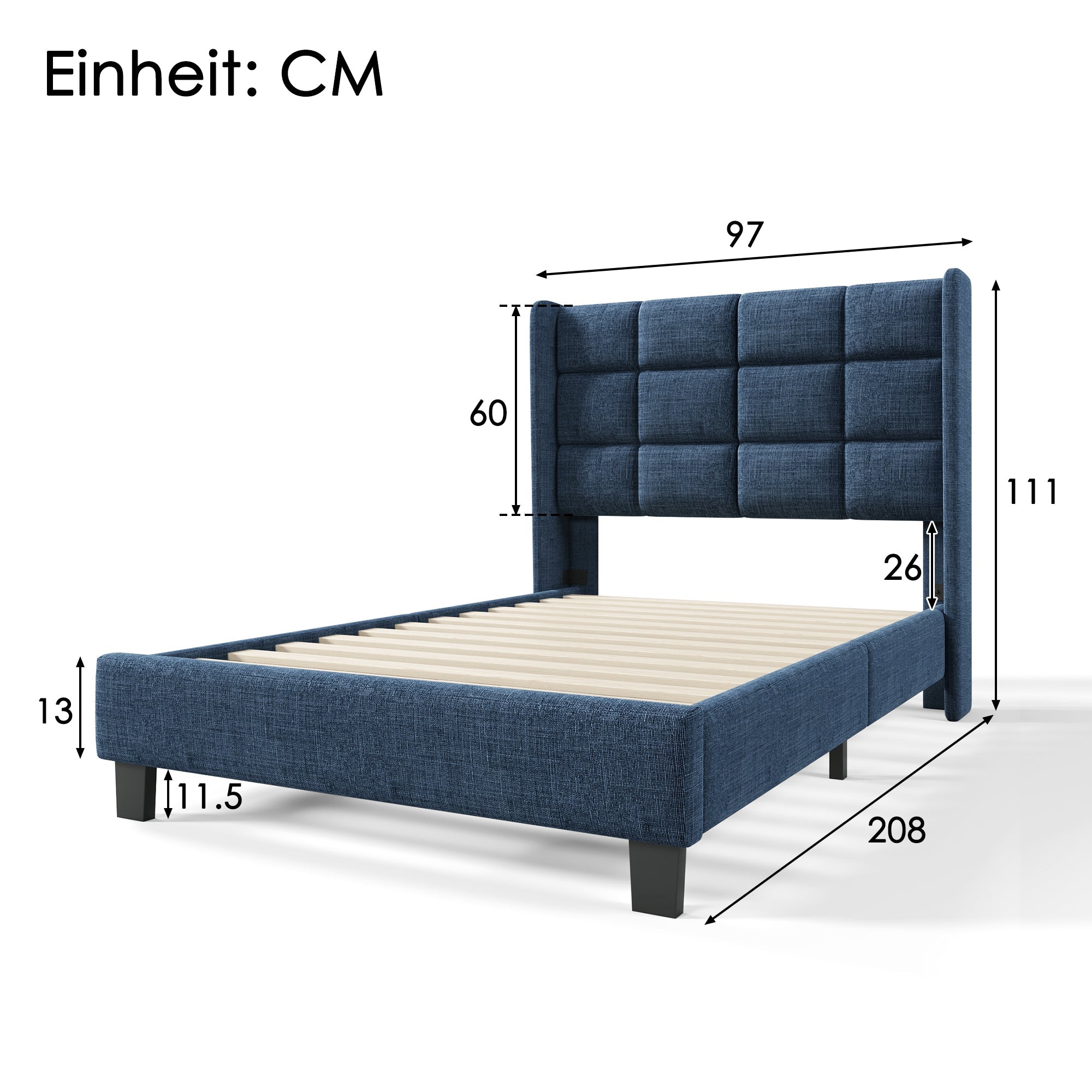 Logidon gestoffeerd bed 90x200 blauw linnen met gecapitonneerd hoofdeinde