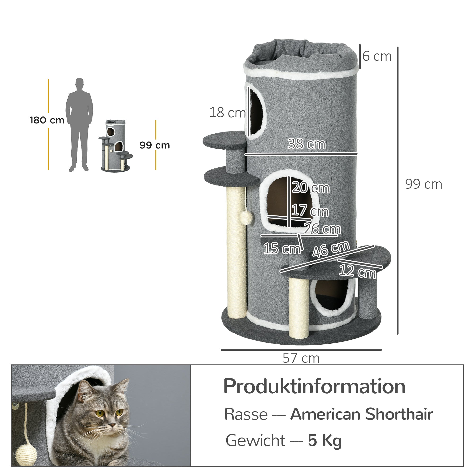 Logidon kattenkrabton 99 cm met kattenmand en speelbal grijs