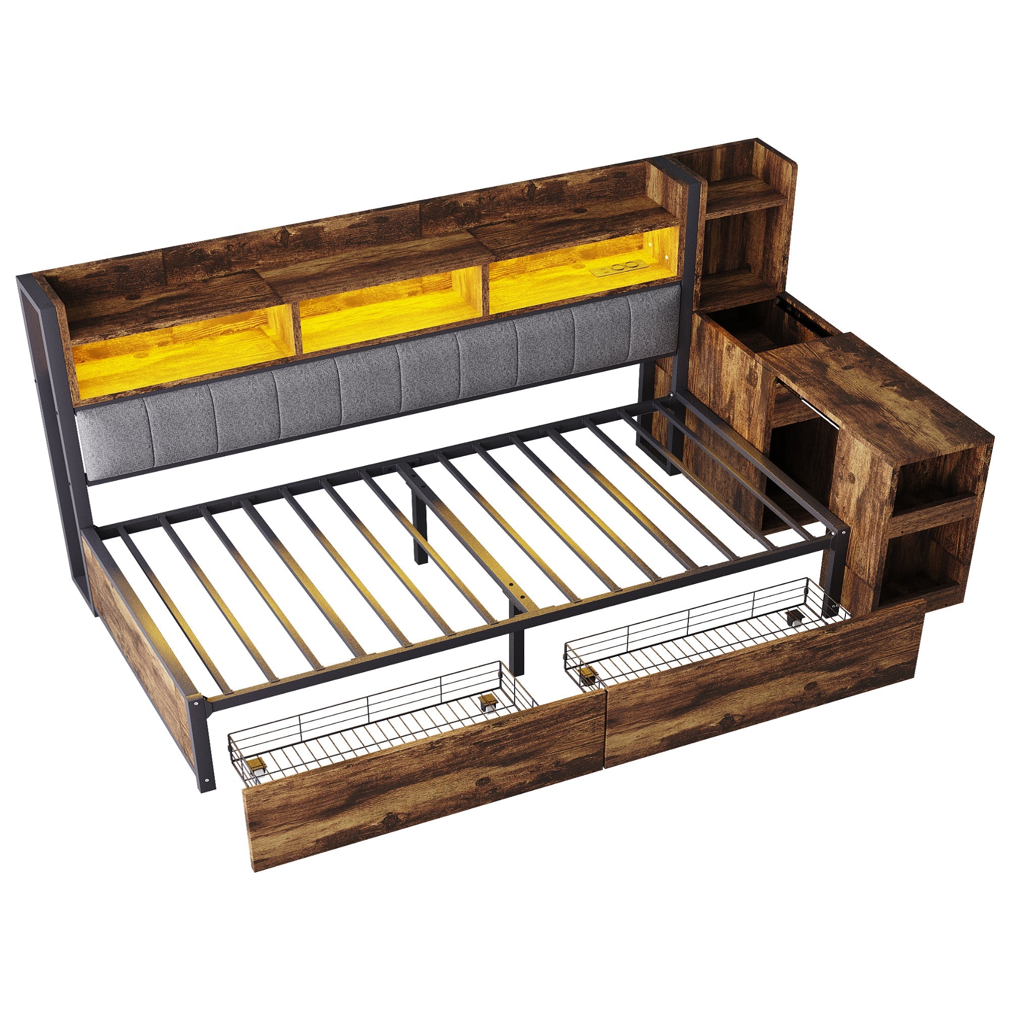 Logidon ijzeren slaapbank 90 x 200 cm houtlook opbergruimte LED