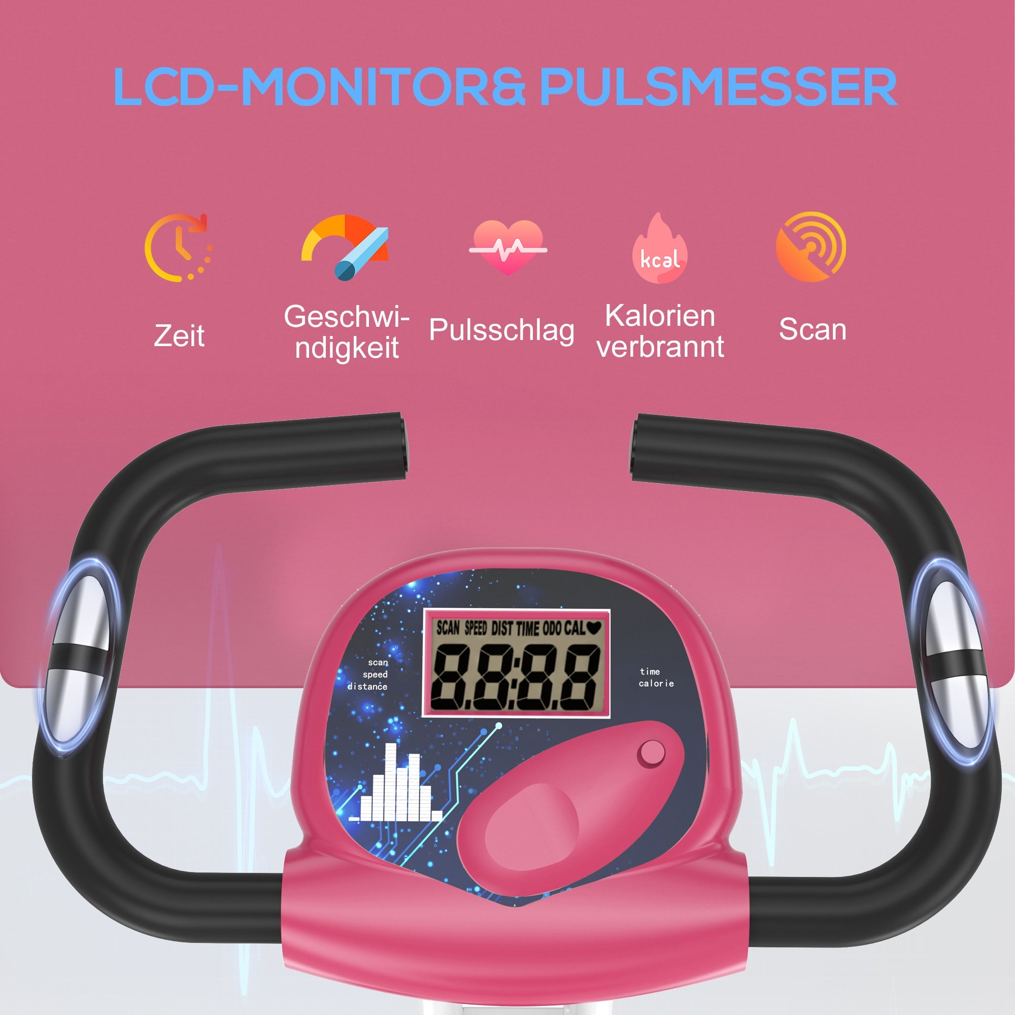 Logidon F-Bike hometrainer roze-wit 8-traps magnetische weerstand in hoogte verstelbaar