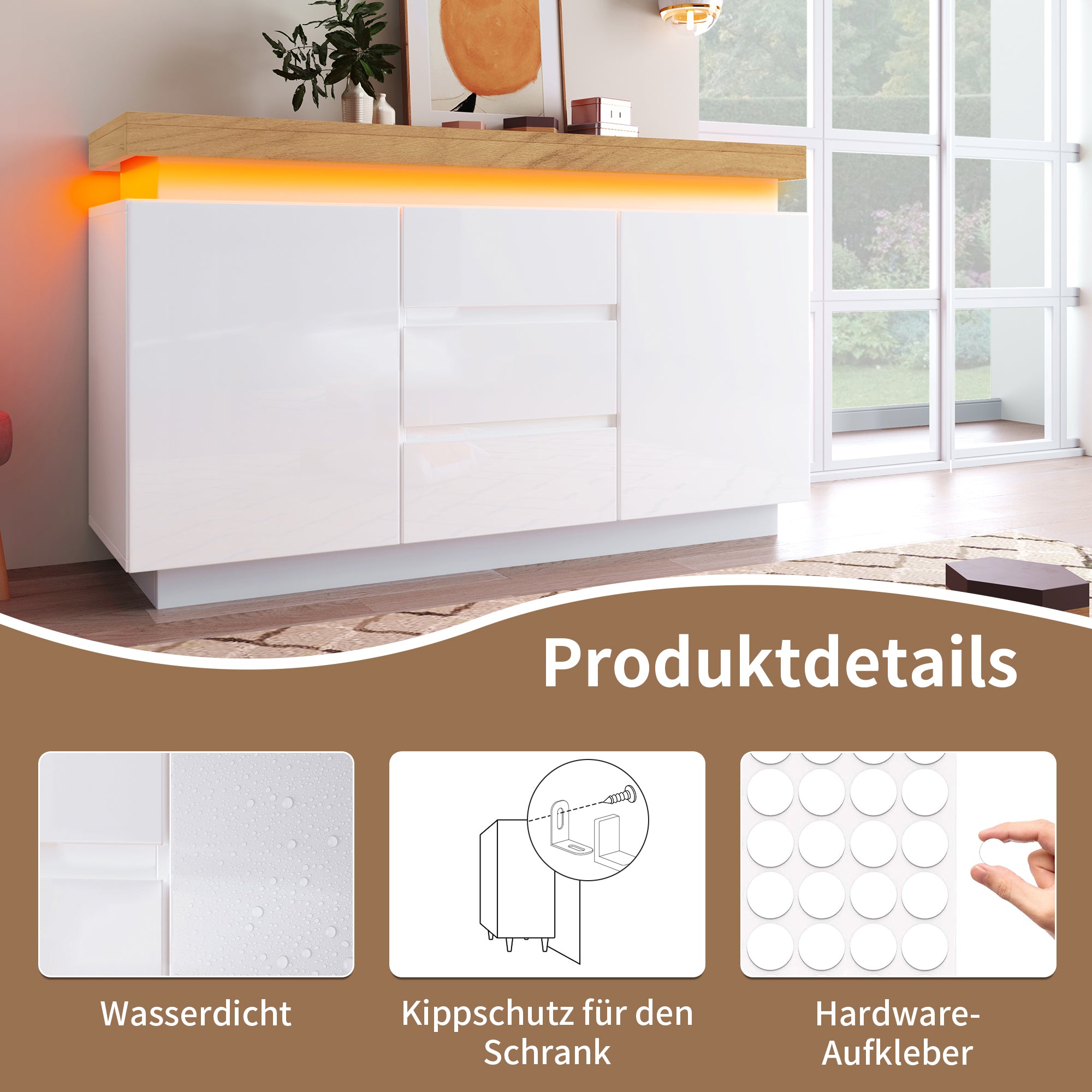 Logidon Wit Dressoir Met LED Verlichting 2 Deurs 3 Lades