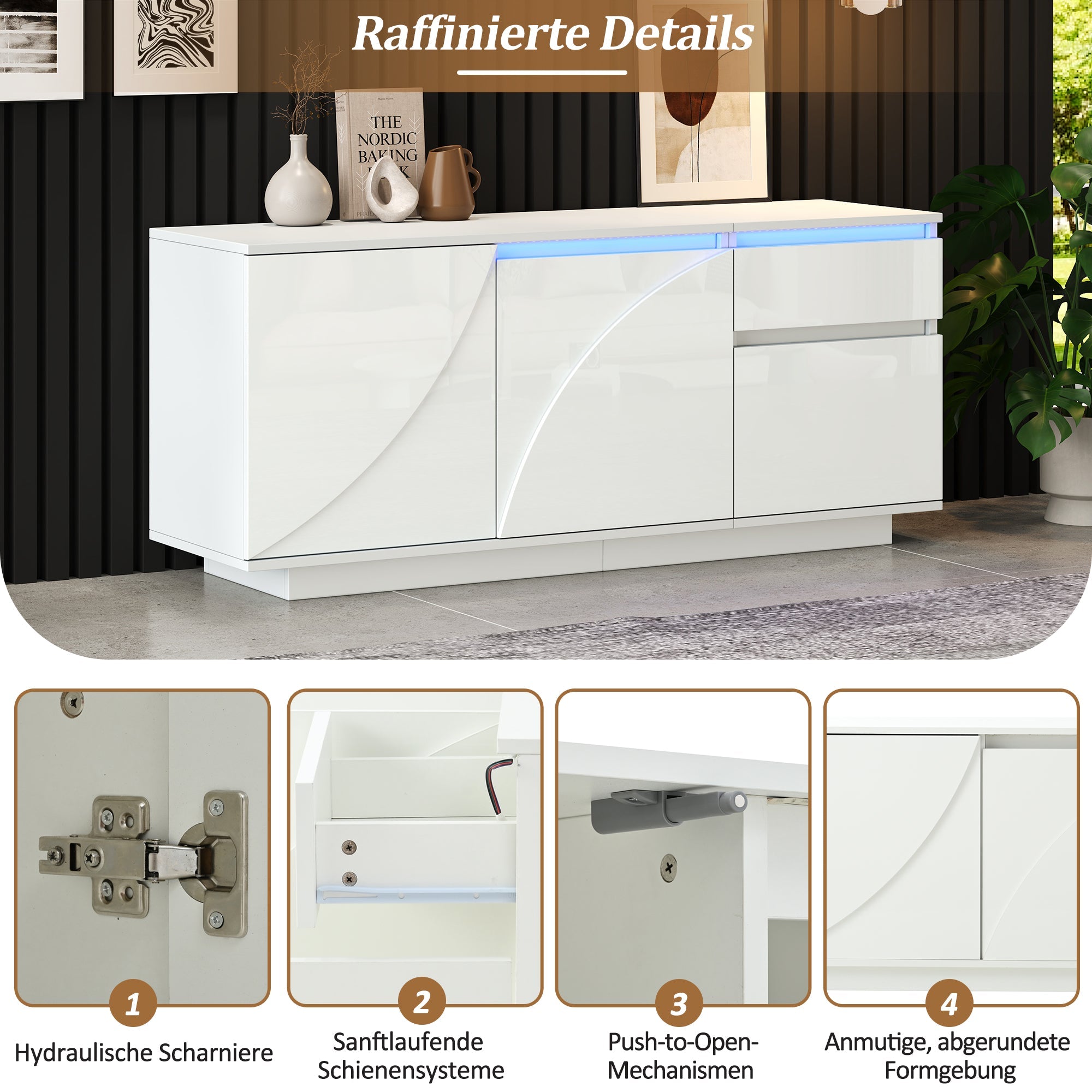 Logidon 140 x 40 x 60 cm hoogglans dressoir wit met LED