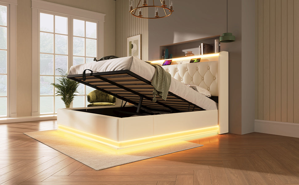 Logidon upholstered bed double bed 360 LED function 140x200 white PU