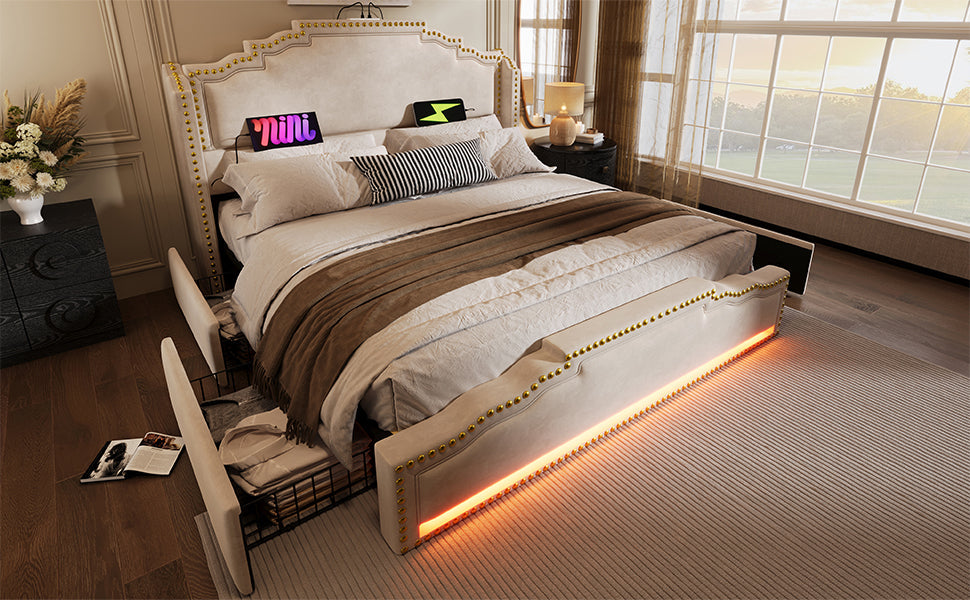 Logidon Upholstered Bed 160x200 Beige Velvet With Four Drawers LED USB C