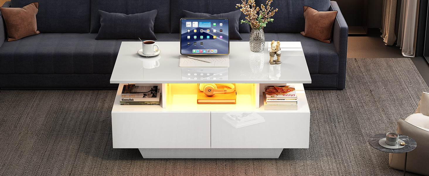 Logidon hoogglans salontafel LED, 2 lades, 90x55x41 cm wit