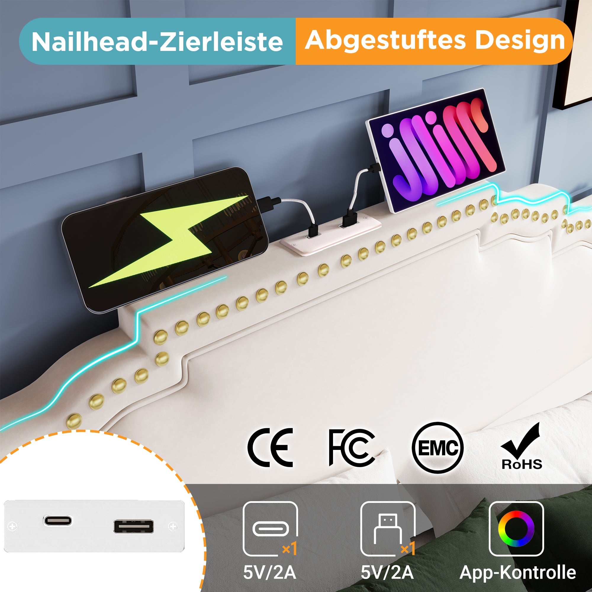 Logidon gestoffeerd bed 140x200 beige fluweel met opbergruimte LED USB C