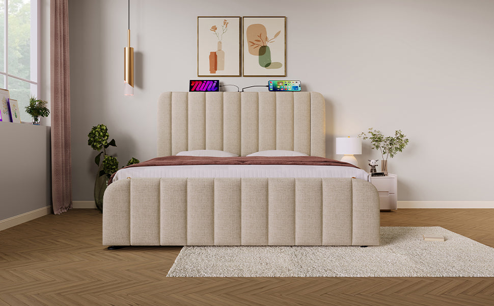 Logidon gestoffeerd bed 140x200 cm beige linnen USB Type-C oplaadfunctie hoofdeinde