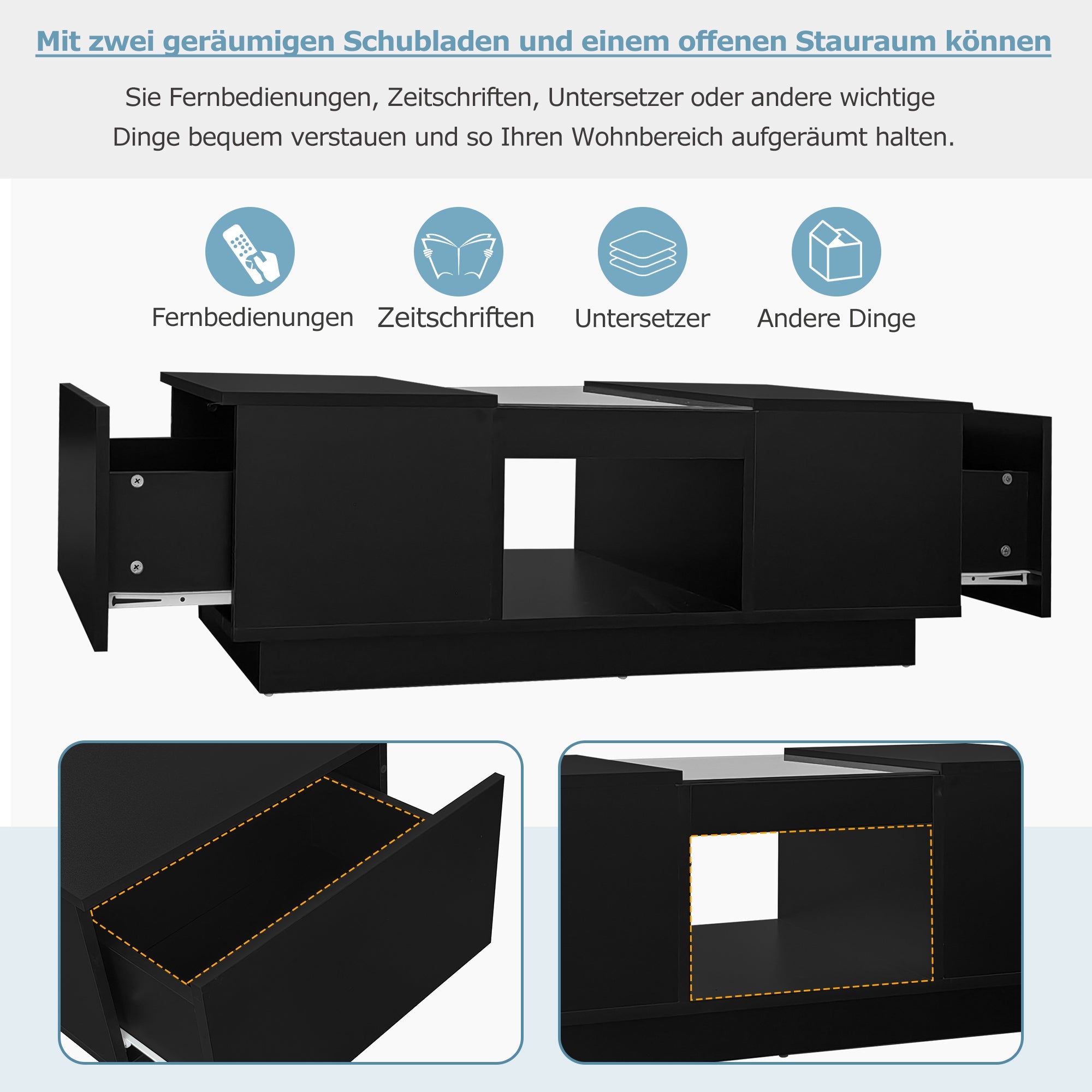Logidon Zwarte salontafel 100x50x35,5 cm glaspanelen LED