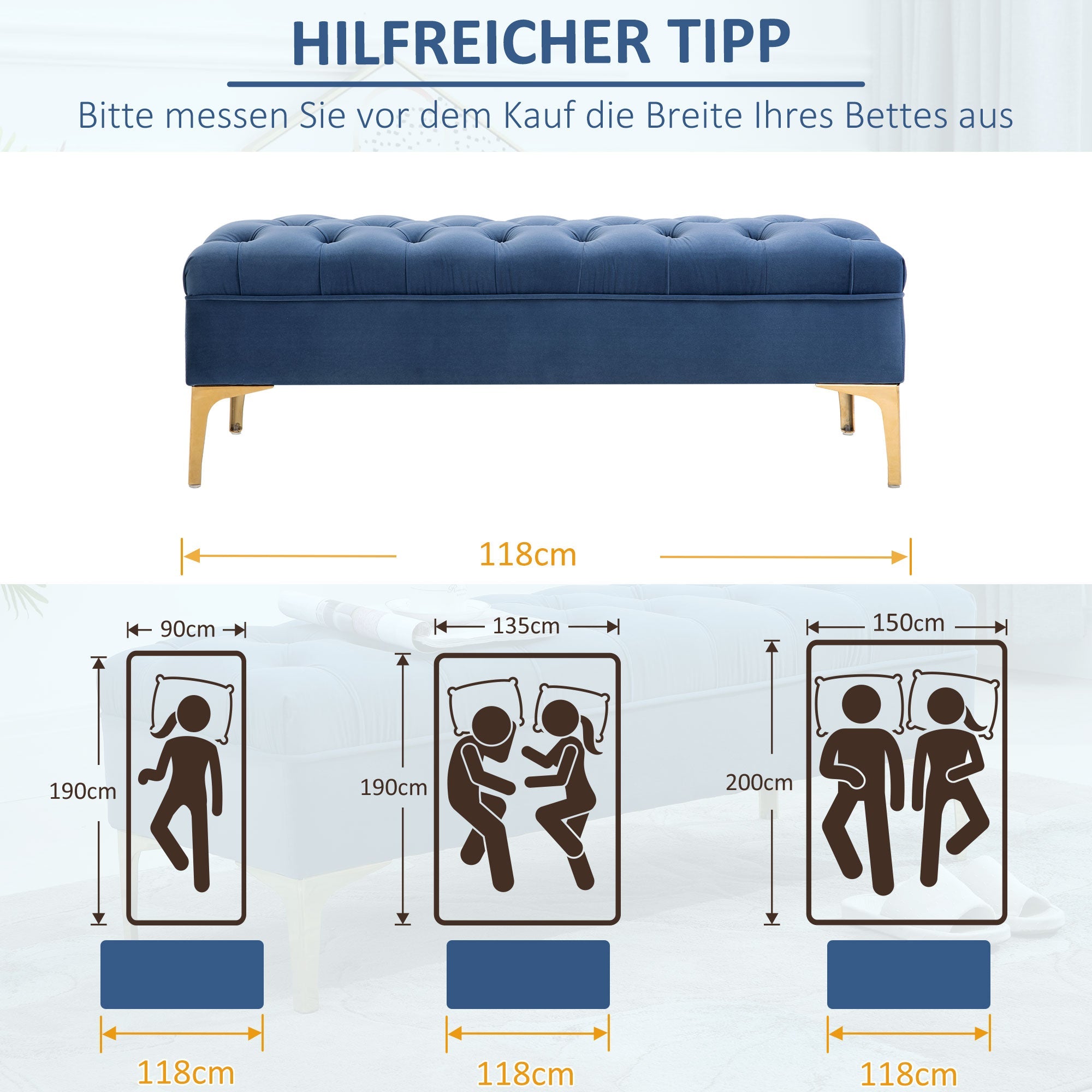 Logidon Blauw Fluwelen Bank met Gouden Poten 118x45x42 Cm