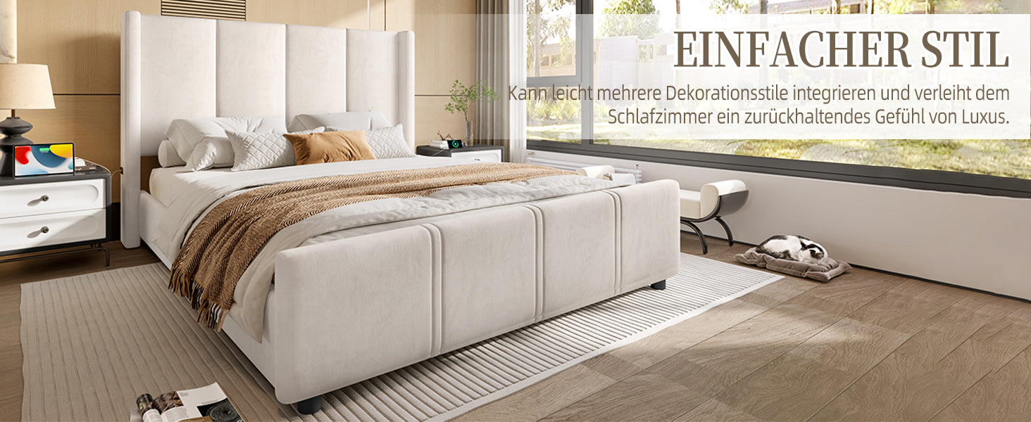 Logidon stoffen bedframe 140x190 beige velours USB-aansluiting