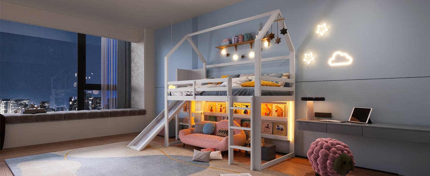 Logidon hoogslaper 90x200 cm met LED-strip huisvorm wit