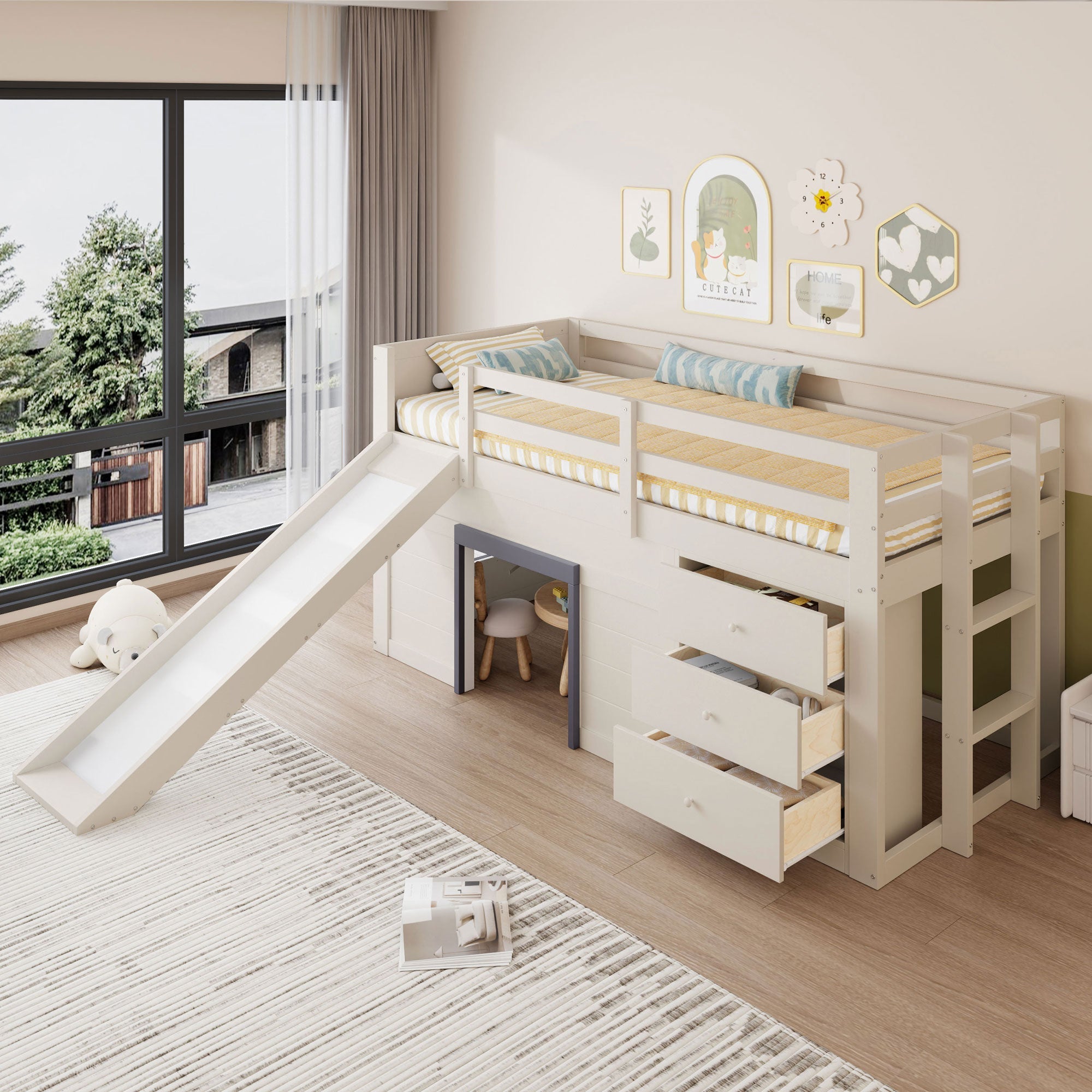 Logidon crème hoogslaper 90x200 met glijbaan, 3 lades, 2 deuren