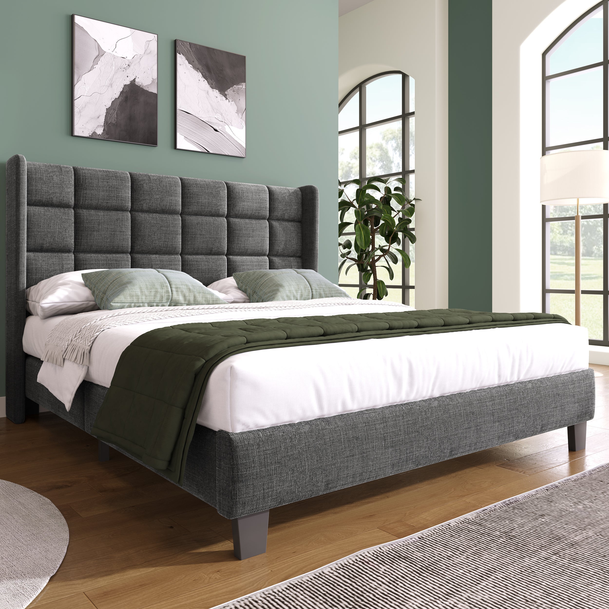 Logidon Upholstered Bed 140x200 cm Gray Linen With Padded Headboard