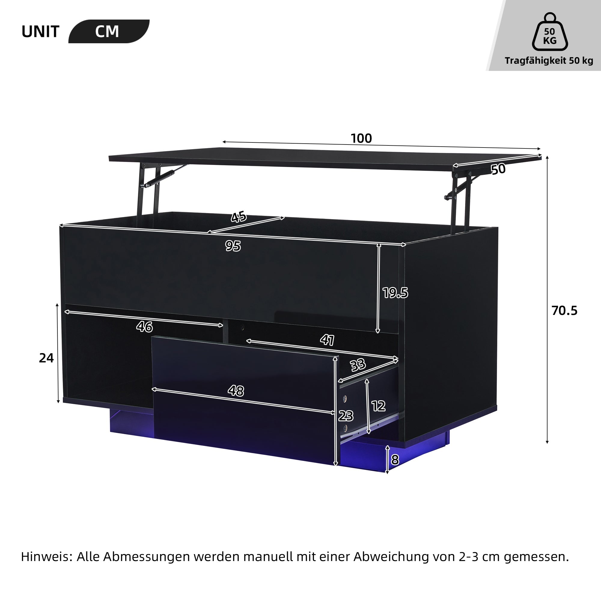 Logidon hoogglans salontafel 100x50x55 cm zwart LED-verlichting