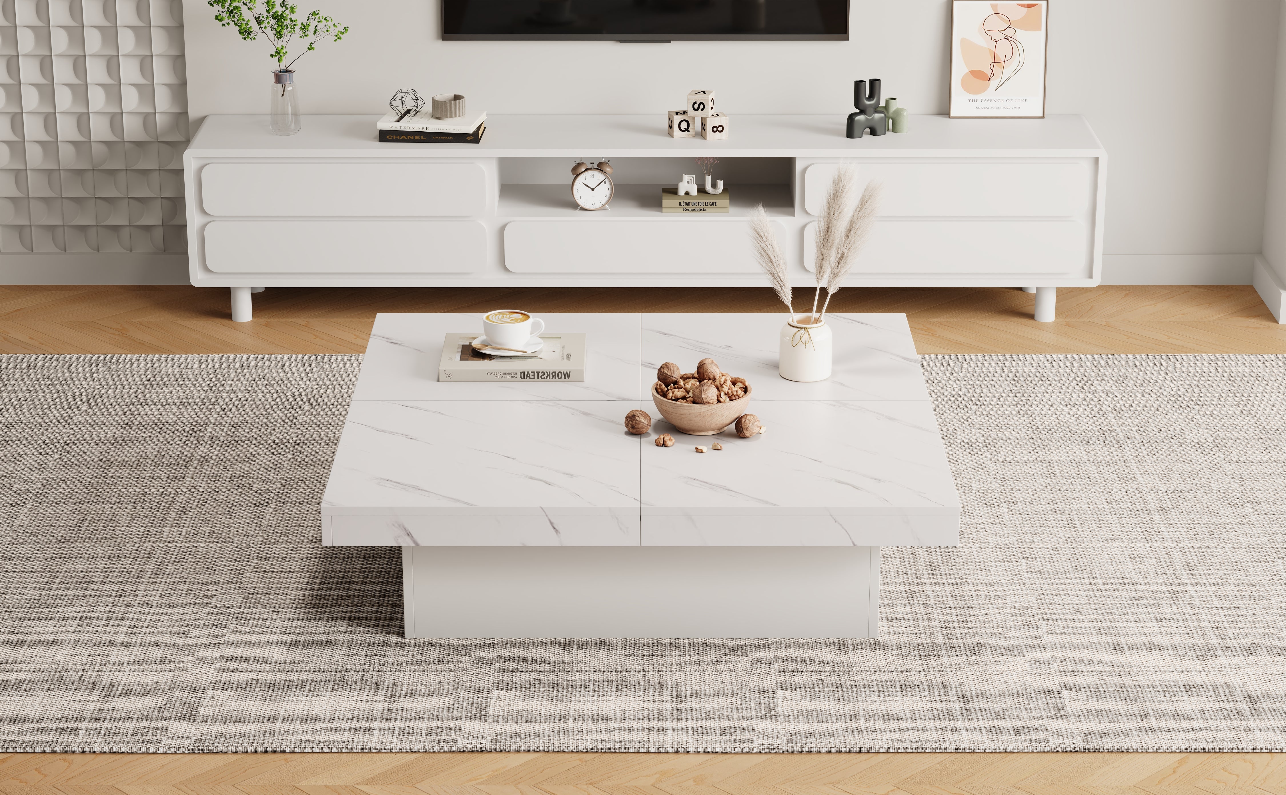 Logidon vierkante salontafel wit marmerlook 90x90x25 cm met lades