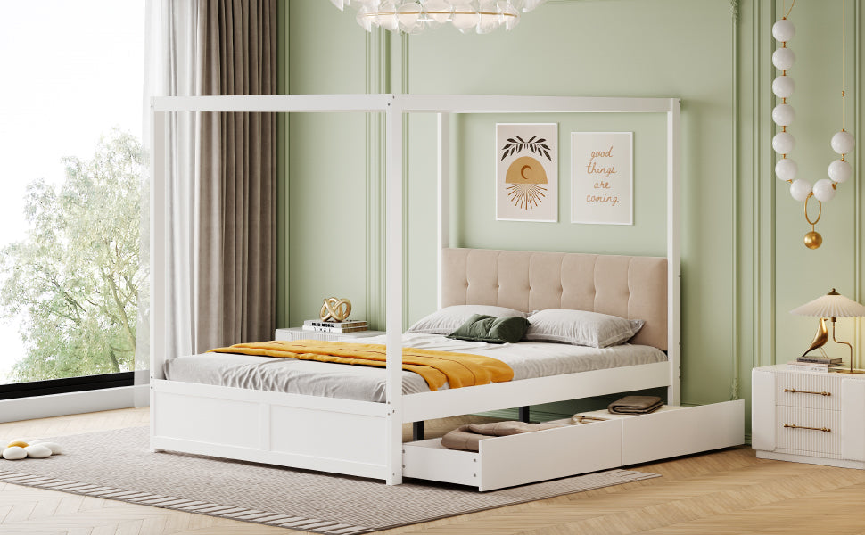 Logidon hemelbed 140x200 cm wit hout met grote opbergruimte
