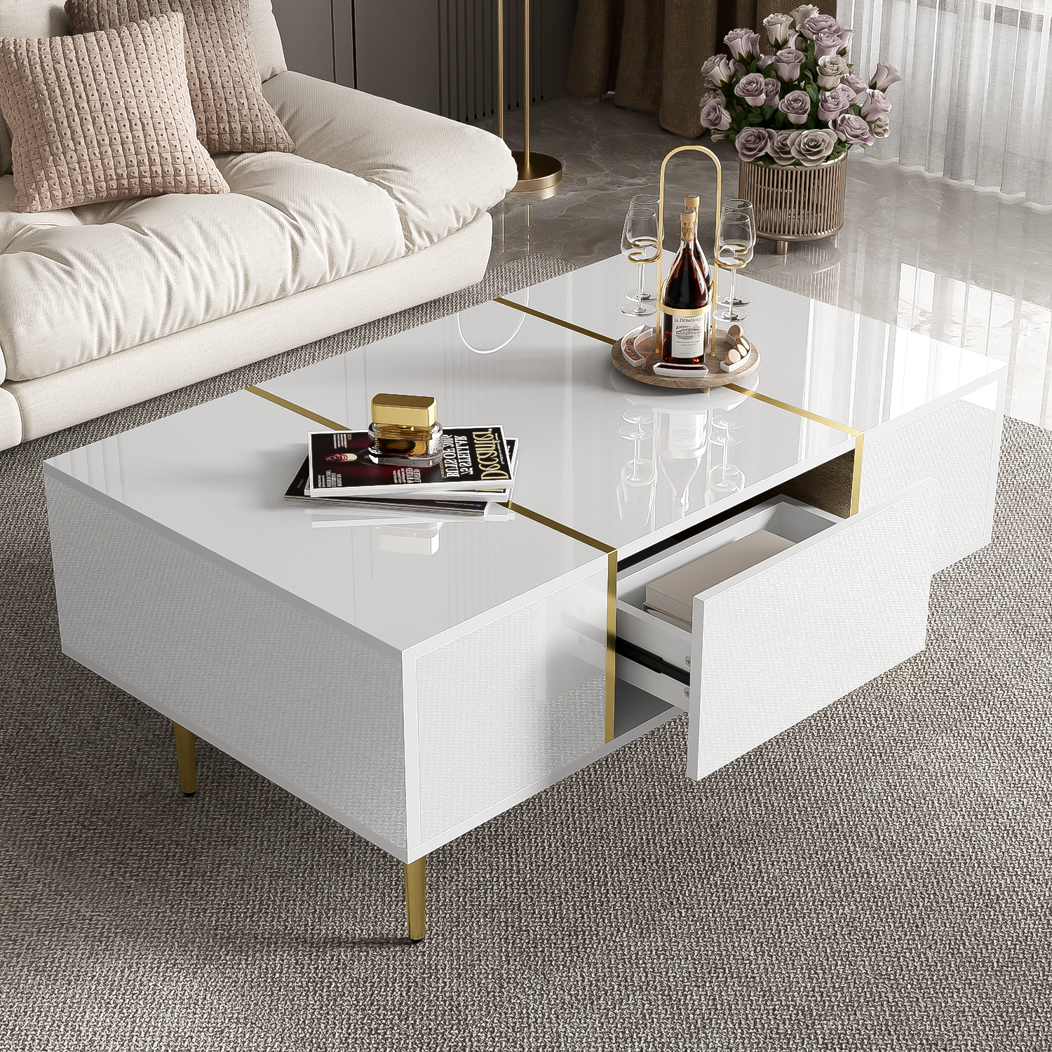 Logidon Witte Hoogglans Salontafel Met Twee Laden 100x60x41,5 cm