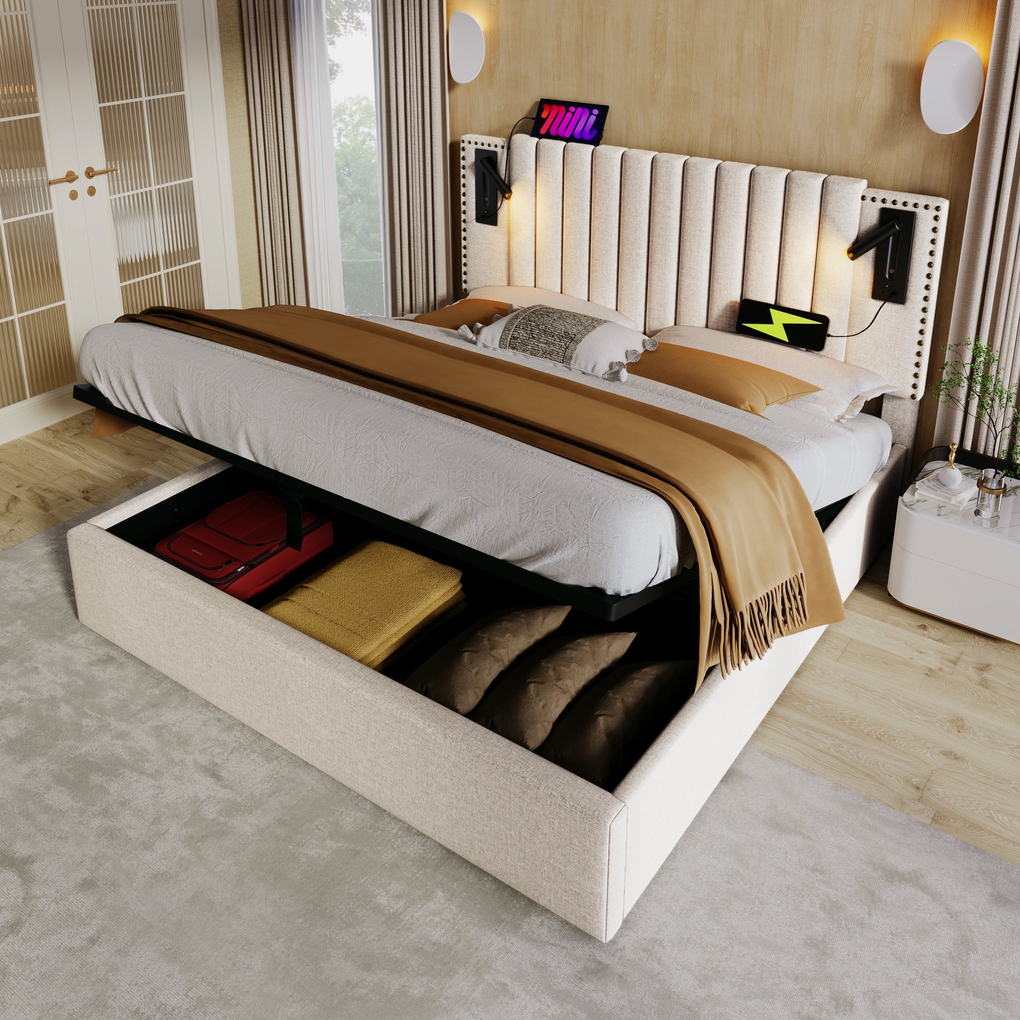 Logidon gestoffeerd bed 160x200 beige met opbergruimte en USB-leeslamp