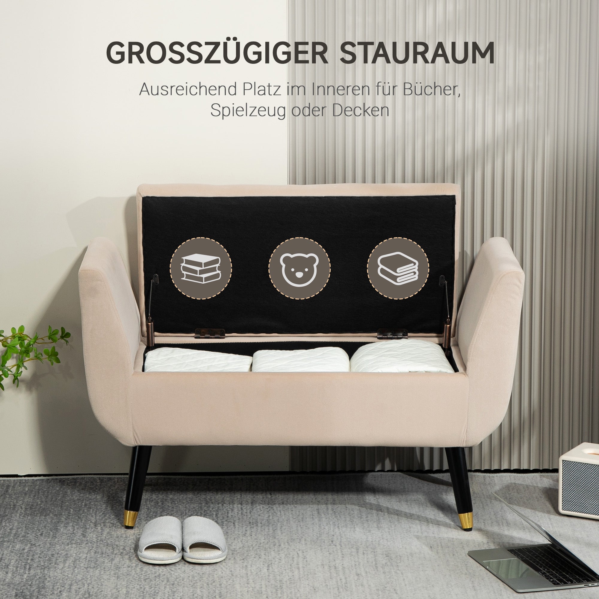 Logidon luxe bank met opbergruimte beige fluwelen stof 107x42x65