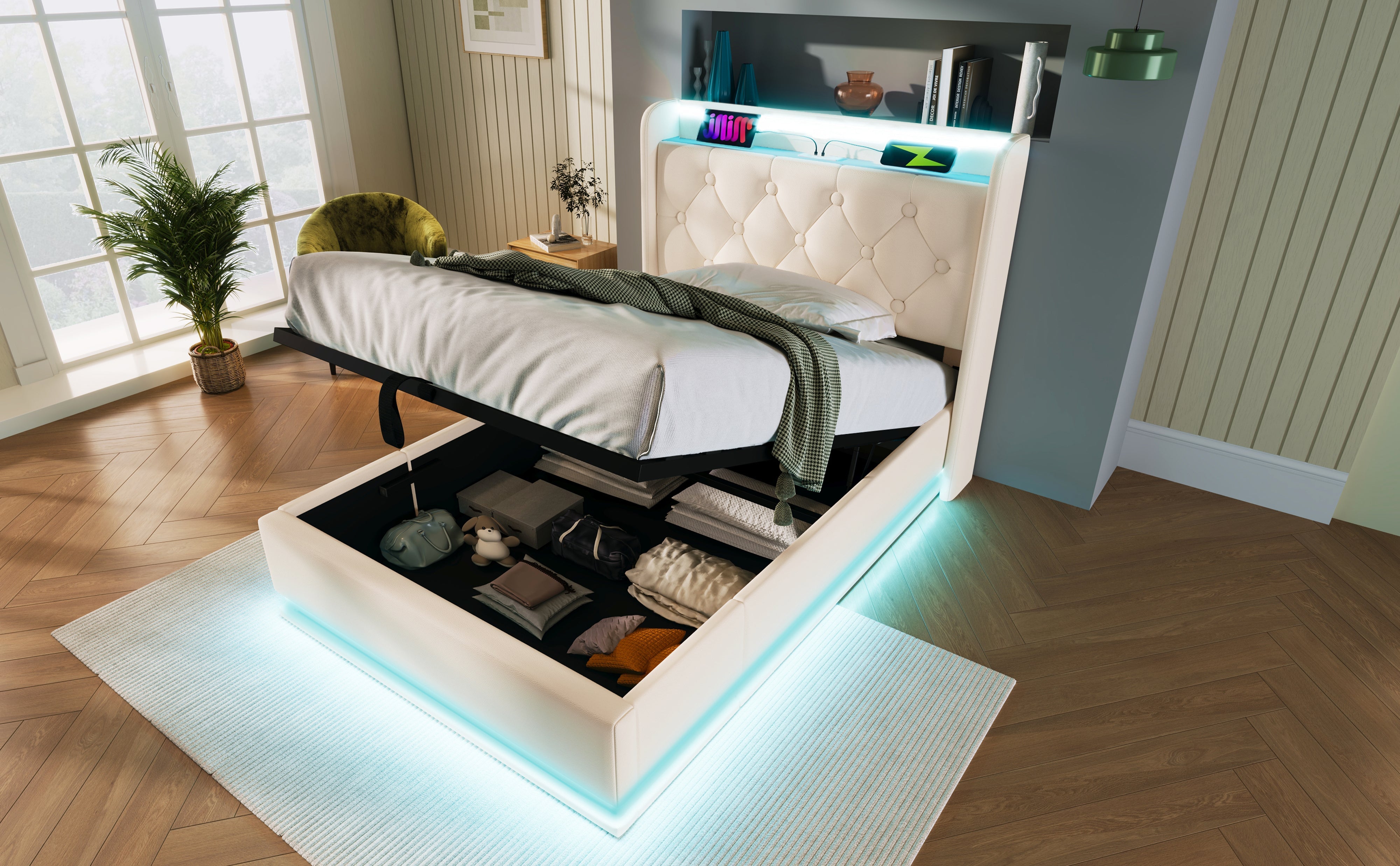 Logidon gestoffeerd bed 90x200 cm wit PU LED USB TypeC oplaadfunctie